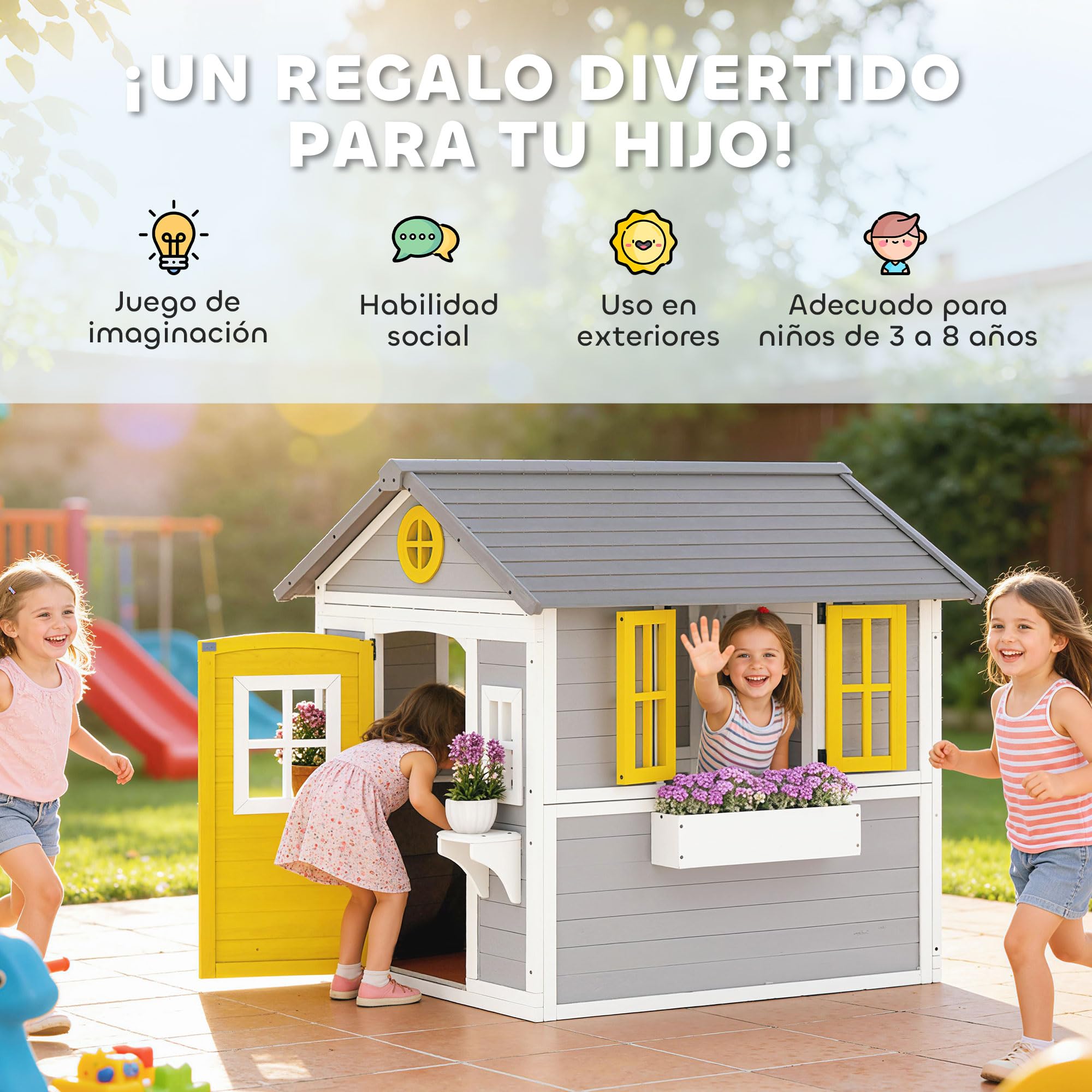 Outsunny Casita Infantil Exterior e Interior de Madera, Casita Infantil con Puerta, Ventanas, Jardineras y Soportes de Flores, Casa de Jardín para Niños de 3-8 Años, Gris — view 5
