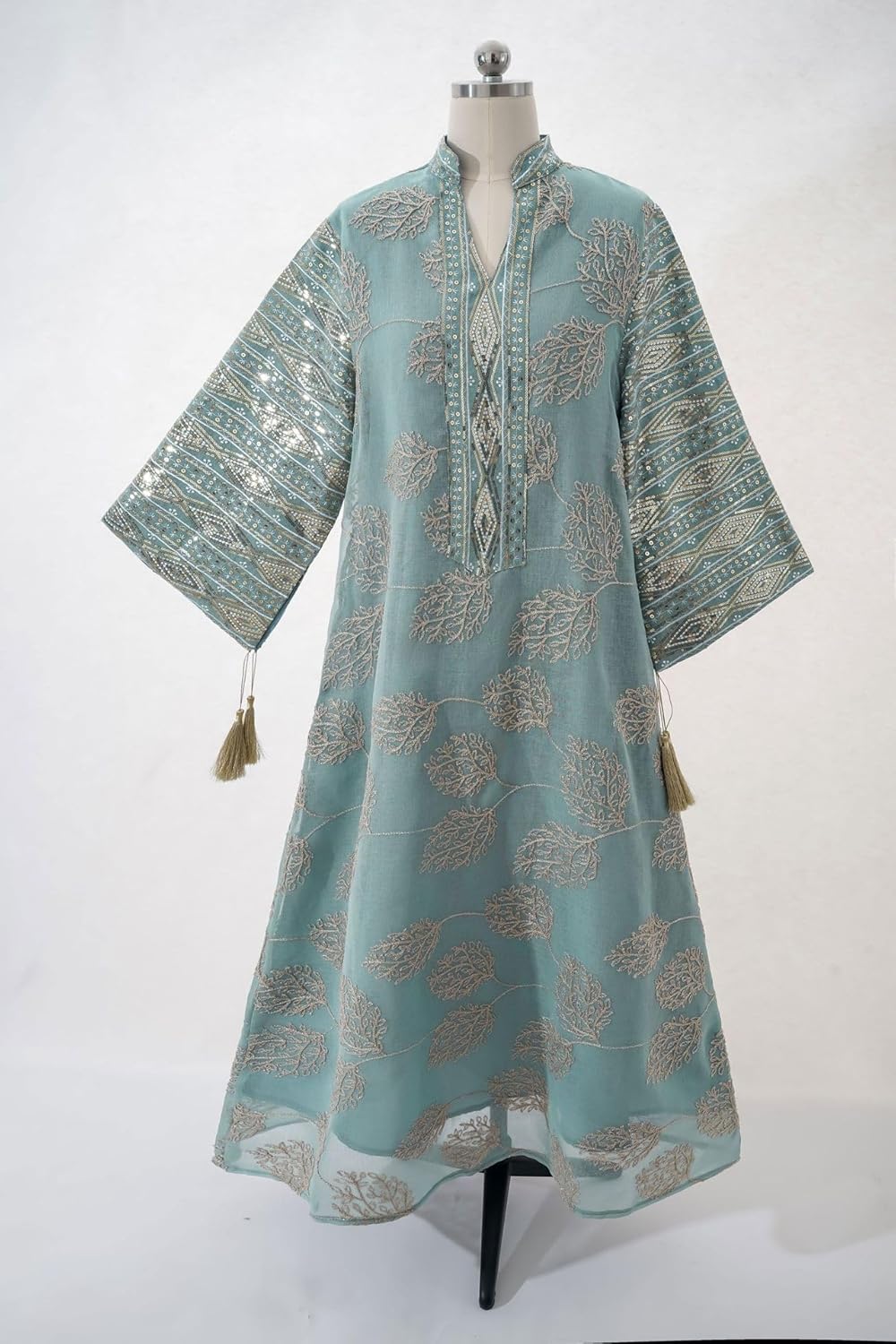 MedeShe Womens Contrast Sequin Embroidered Notched Neck Dubai Jalabiya Morocco Kaftan Islam Party Dress - Image 4