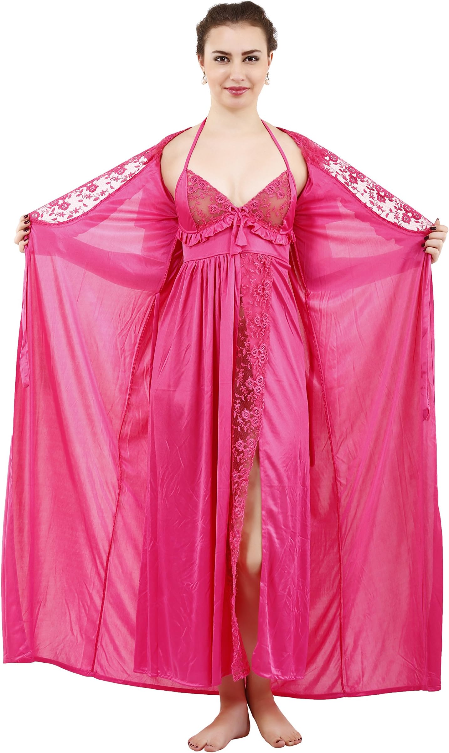 Romaisa Women's Satin Solid Maxi Length Nighty with Robe (Size - Free Size) (Nightwear Set Pack of 2)