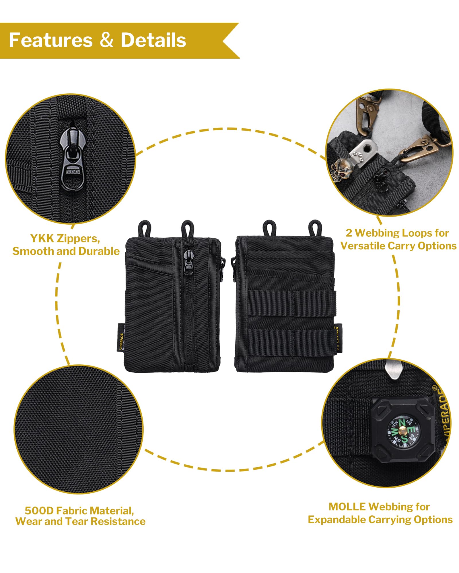 VIPERADE VE18N-M Pochette EDC, portefeuille de poche avec 3 emplacements EDC + 2 poches zippées, 1 grande poche pour ordinateur portable ou téléphone portable, organiseur de poche EDC fin pour homme