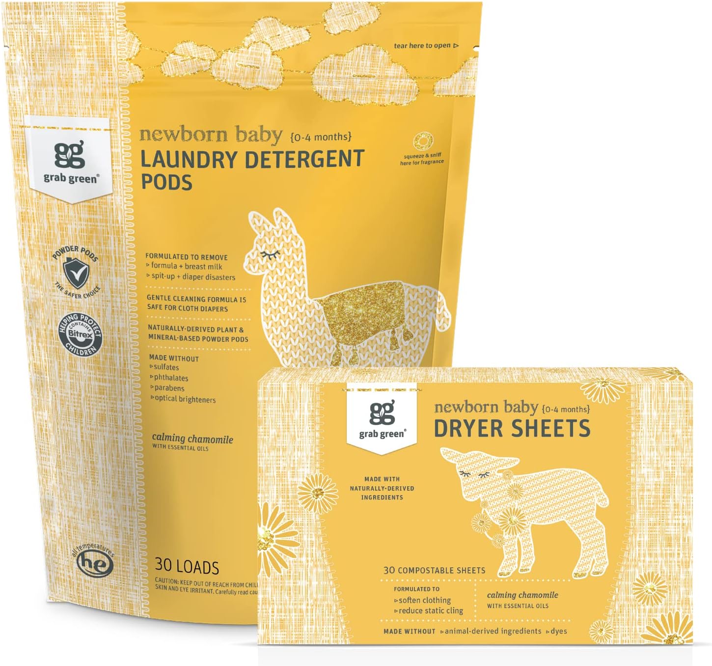 Newborn Baby Laundry Detergent Pods and Dryer Sheets Bundle, 30 Count Pods and 40 Dryer Sheets, Calming Chamomile Scent, Plant and Mineral Based Laundry Care Set