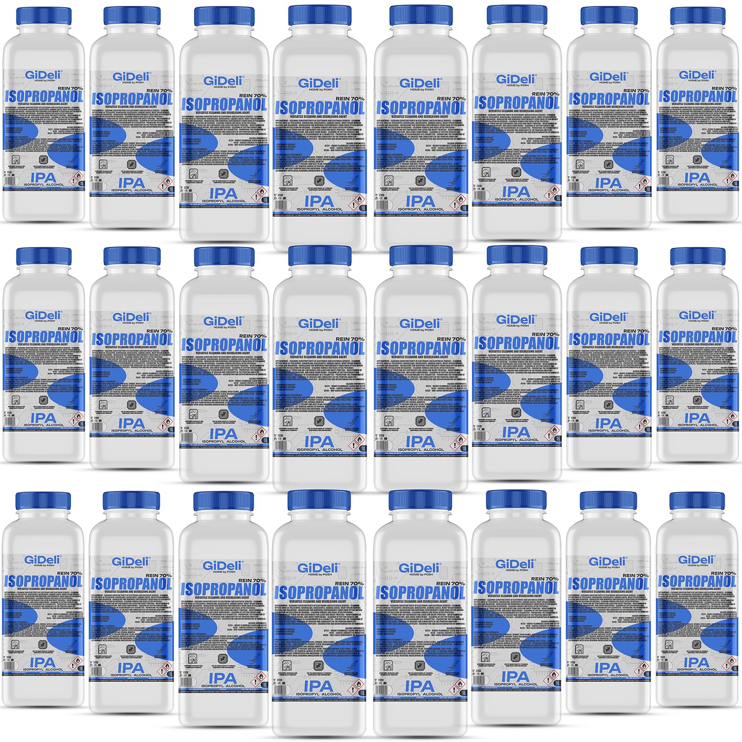 GiDeli Isopropanolo 70% 24 x 1 litro detergente alcool isopropilico ad alta percentuale IPA per la pulizia di componenti elettronici, lenti e schermi