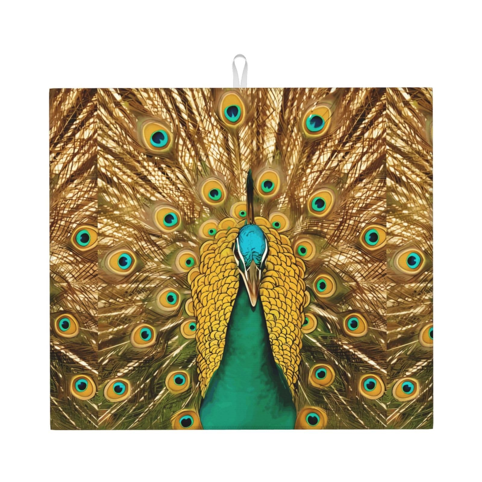 WHJSSF Peacock Prints Kitchen Drying Mat - Absorbent Dish Drying Throw with Colorful Prints, Quick-Dry Countertop Layer for Dishes & Appliances - Non-Slip & Foldable