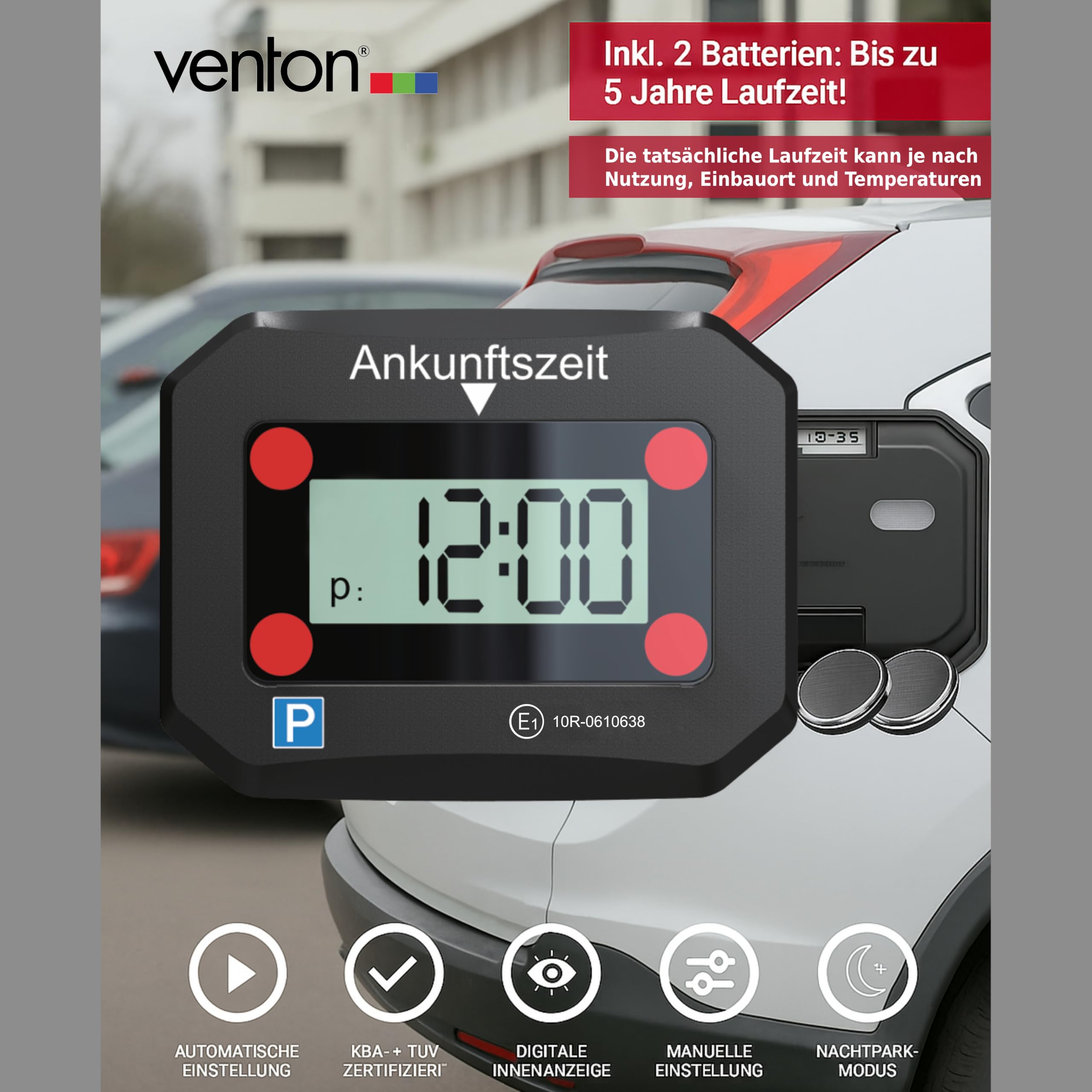 VENTON [ zeer goed, Note 1.1 *] 2 stuks V2 elektronische digitale parkeerschijf zwart met goedkeuring, automatische elektrische parkeerklok, auto-accessoires interieur, gadgets, auto-accessoires