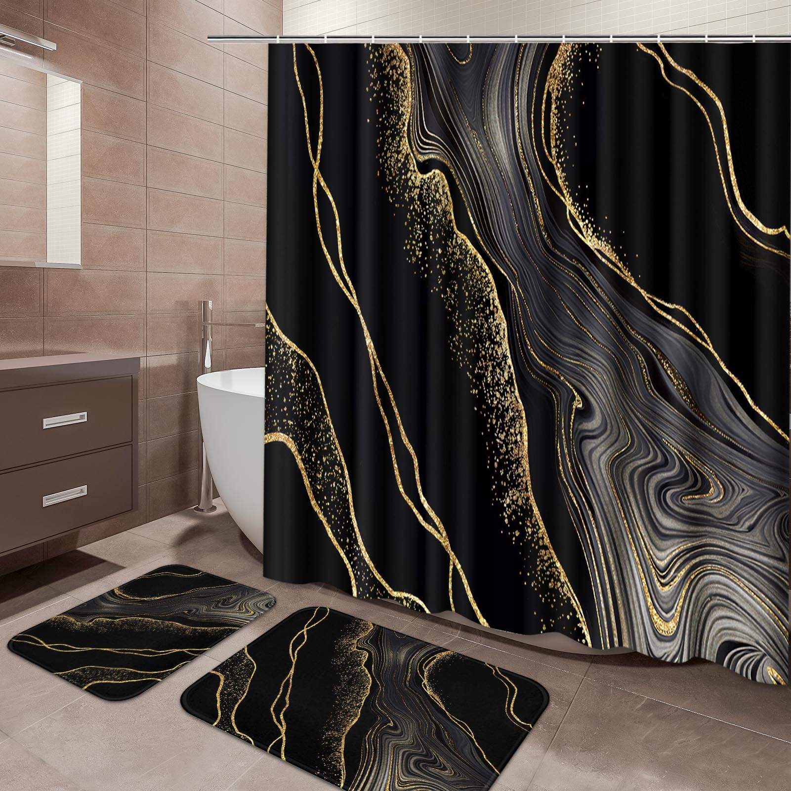ArtSocket Marble Black Gold Bathroom Set with Shower Curtain and Bath Rugs and Accessories,Agate Golden Stone Non-Slip Shower Curtain Set,Bathroom