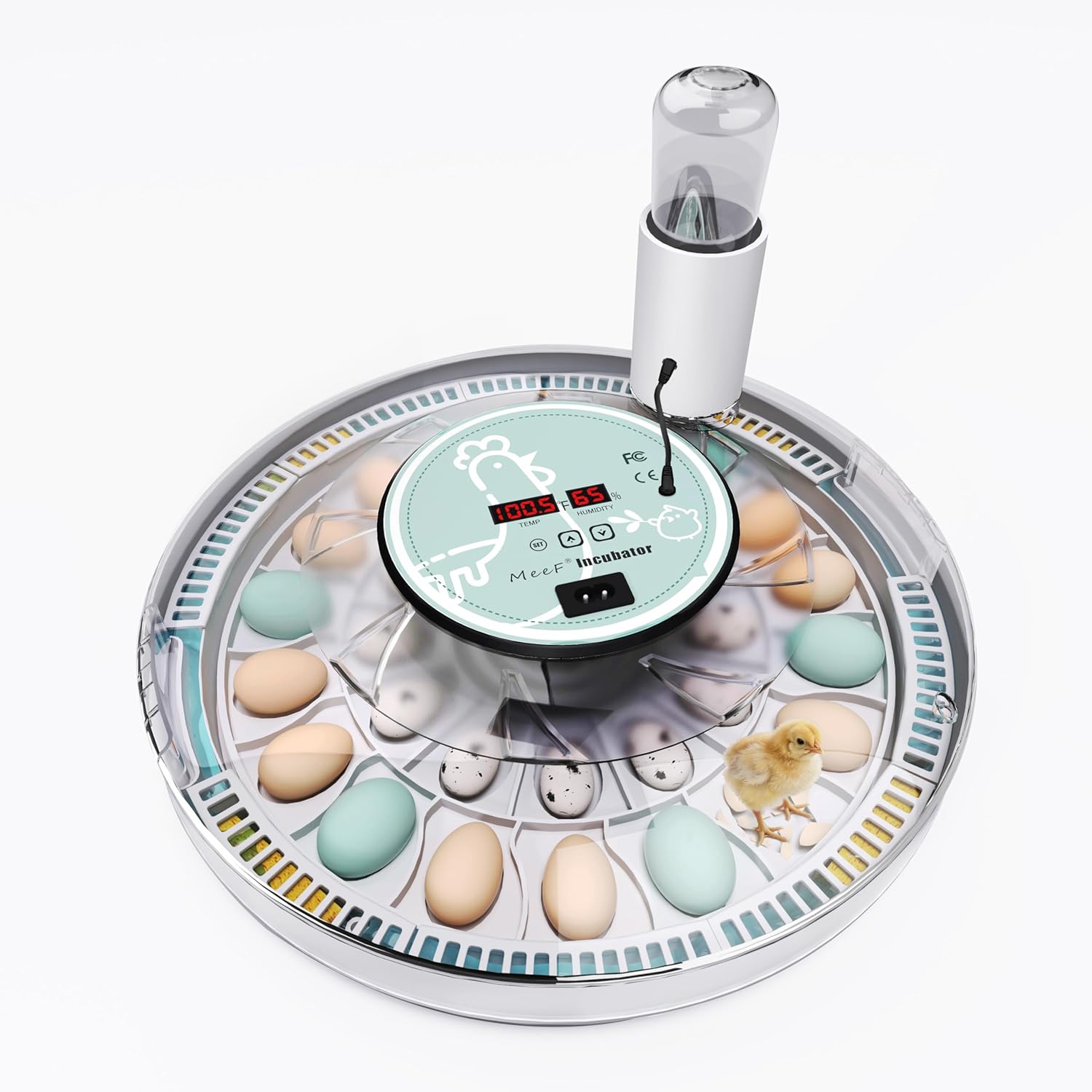 MeeF incubators for Hatching 28 Eggs,Independent atomizing humidifier, Auto Flip, Additional Equipped Well as Duck and Goose Egg Trays That can Hold 12 Eggs. White