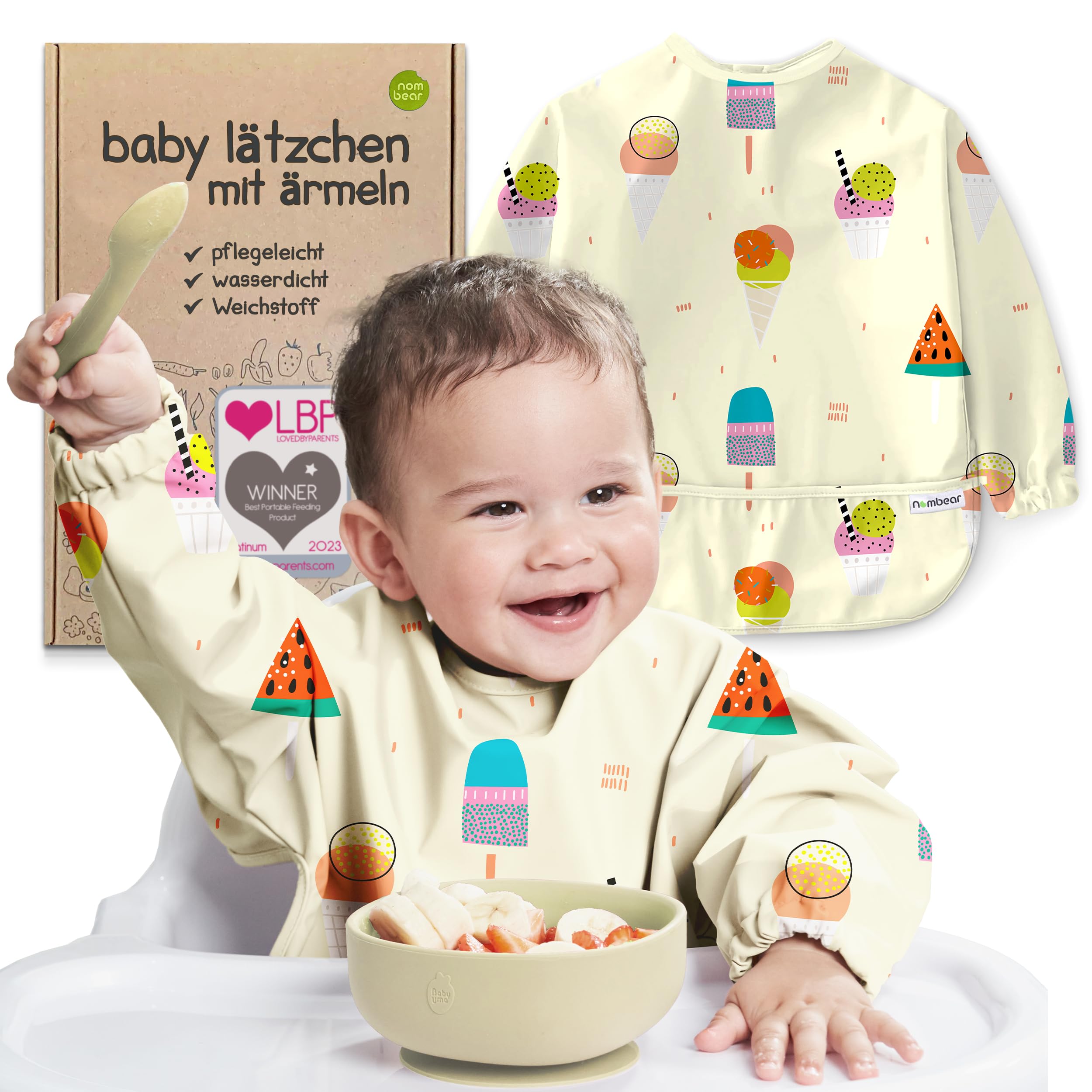 Nombear Baby Lätzchen mit Ärmeln für BLW (6 bis 24 Monate), 1 Packung - Wasserdichtes Ärmellätzchen Alternative zu Silikonlätzchen, Ganzkörper Lätzchen Baby, Babylatz Beikost Zubehör
