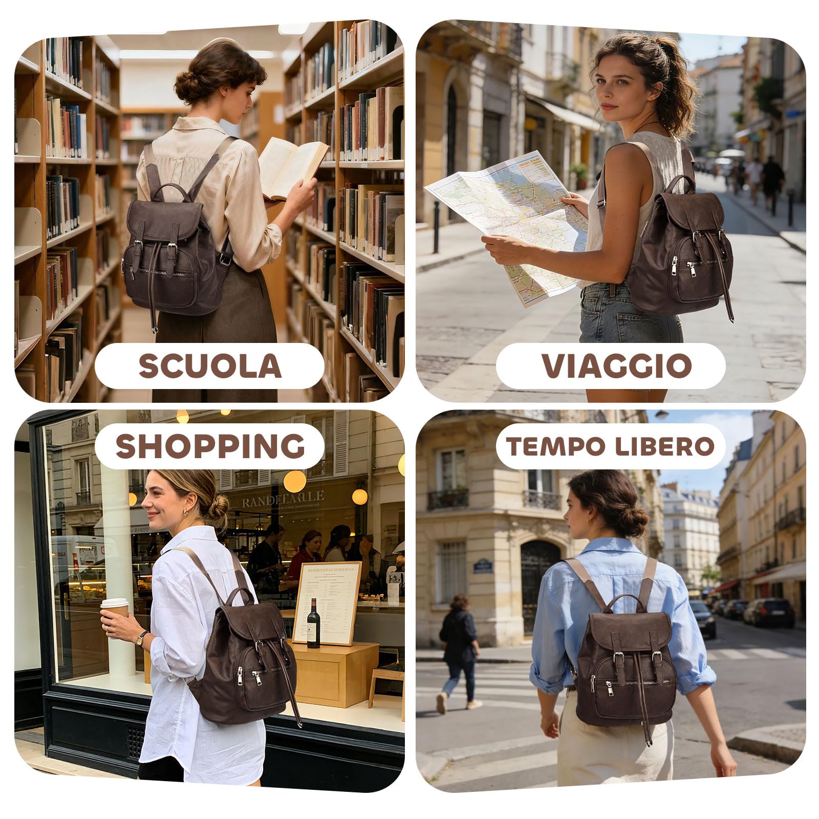 Leathario Zaino Donna in Pelle Vegana Antifurto con 6 Porta-Carte RFID Incluse, Elegante e Impermeabile, Zaino Casual per Università, Viaggi e Uso Quotidiano, Regalo per Donna