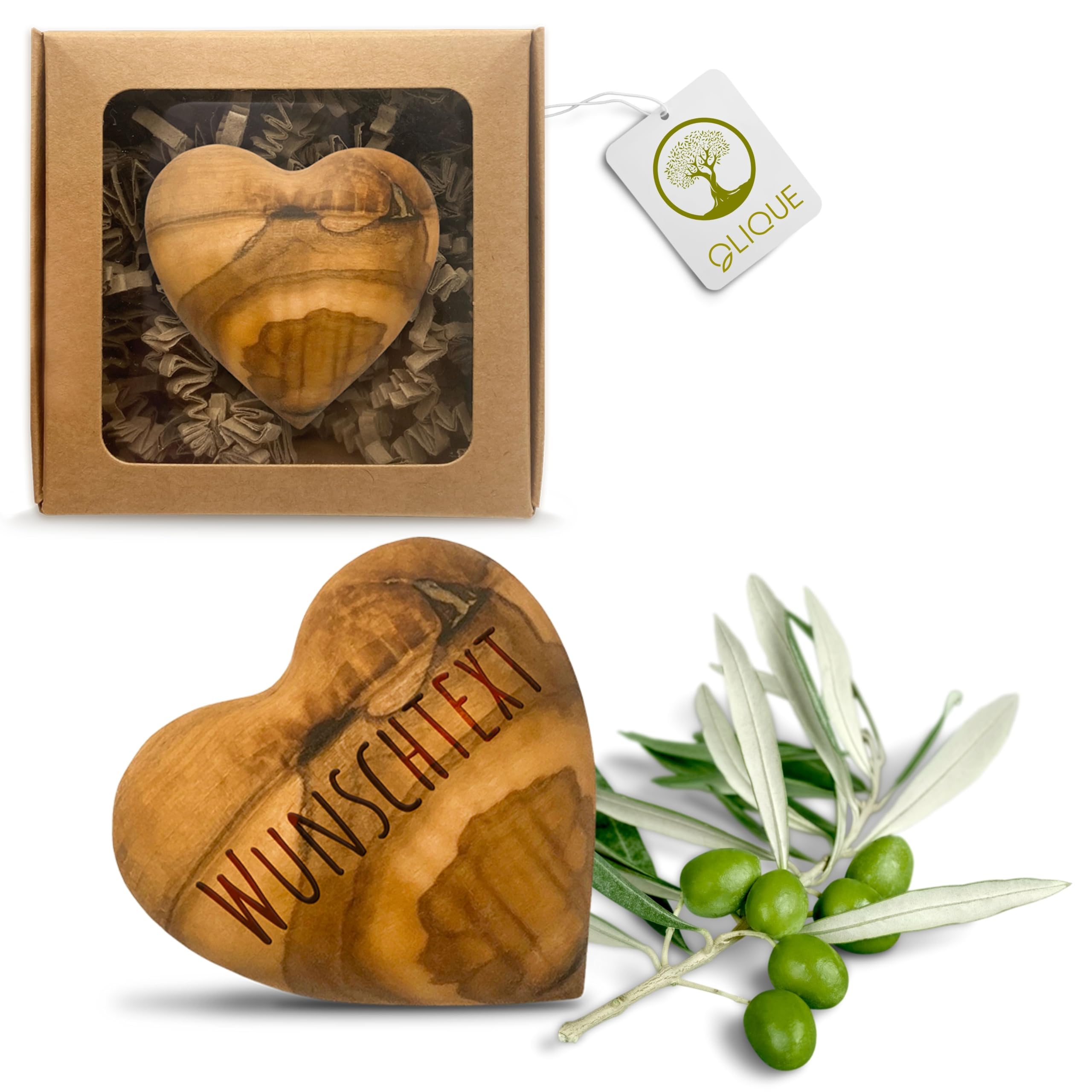 Cœur en bois d'olivier - Bijou artisanal fait main, idéal comme cadeau pour la naissance, le baptême, la communion et la confirmation (Avec gravure)