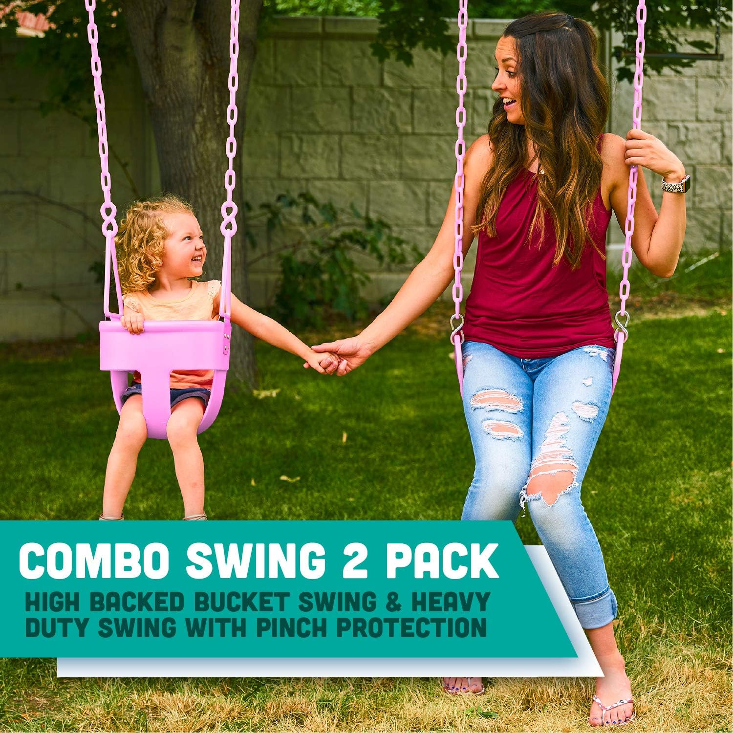 Premium High Back Full Bucket Swing and Heavy Duty Strap Swing Seat - Pink - Squirrel Products