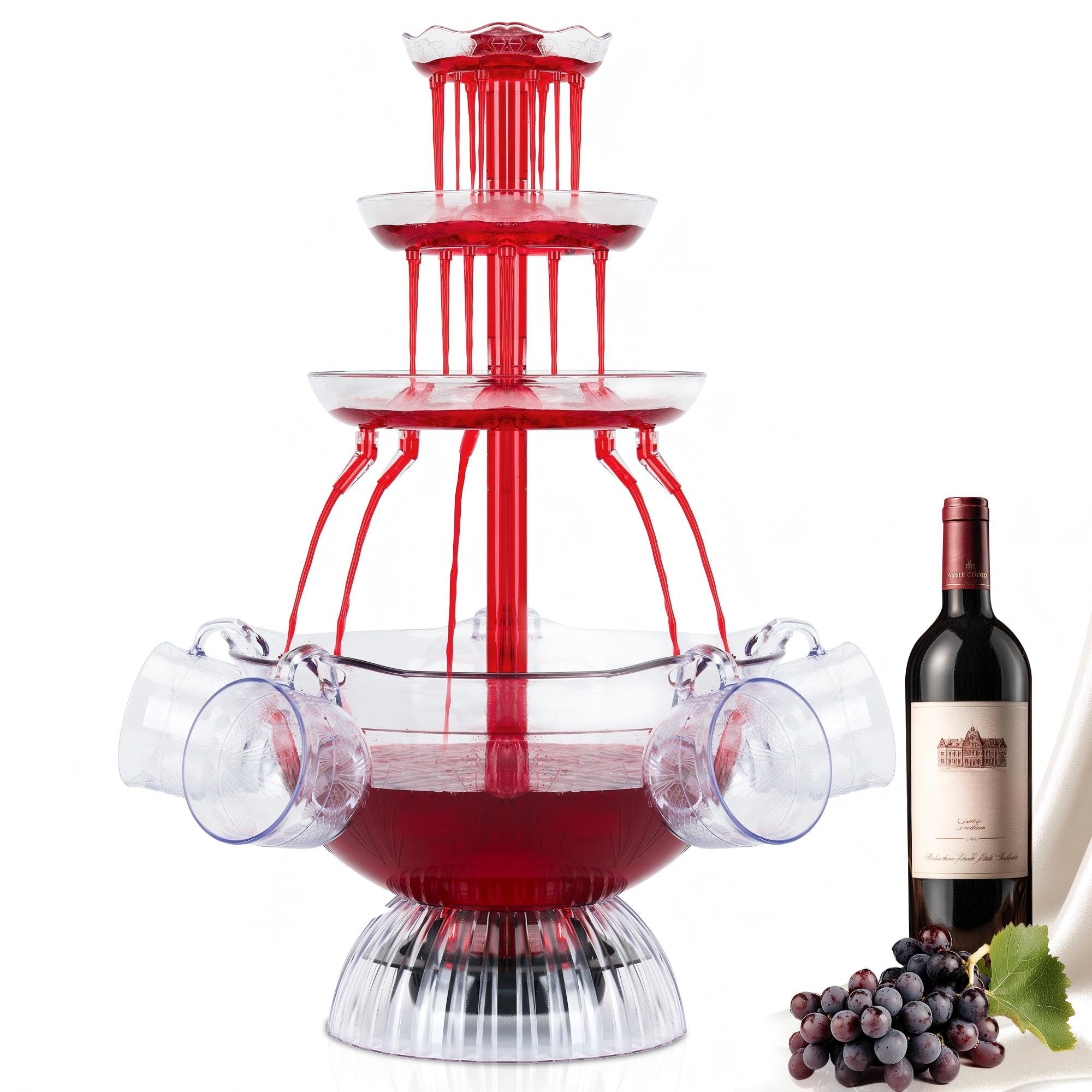 Fontaine à Vin Rouge 3 Niveaux Électrique avec 5 Tasses et Éclairage LED pour Fêtes