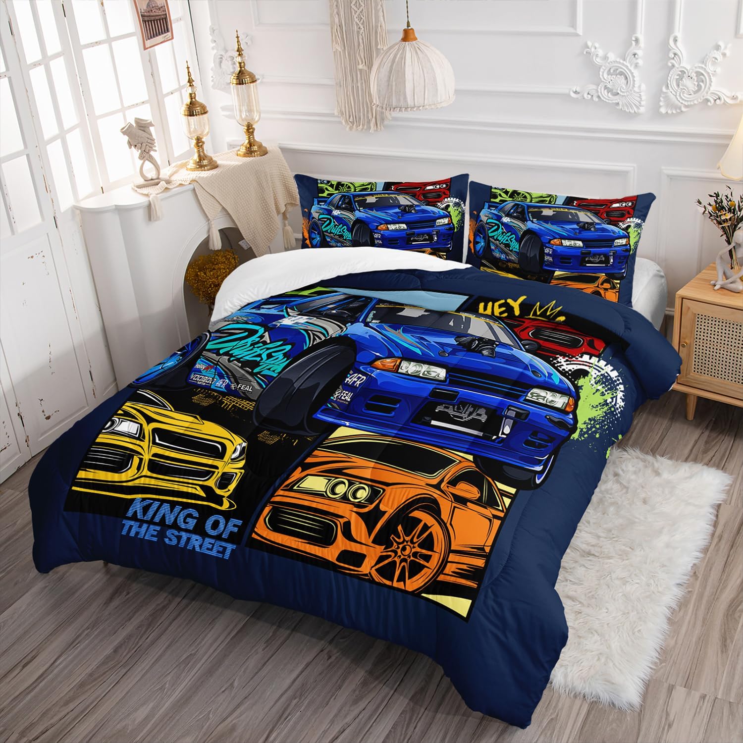 AILONEN Colorful Racing Car Comforter Set Full Size, Extreme Sports Theme Bedding for Kids Boys, Modern Race Bed in a Bag, Cool Sports Duvet Set, 1 Quilt 2 Pillowcases, 3 Pcs