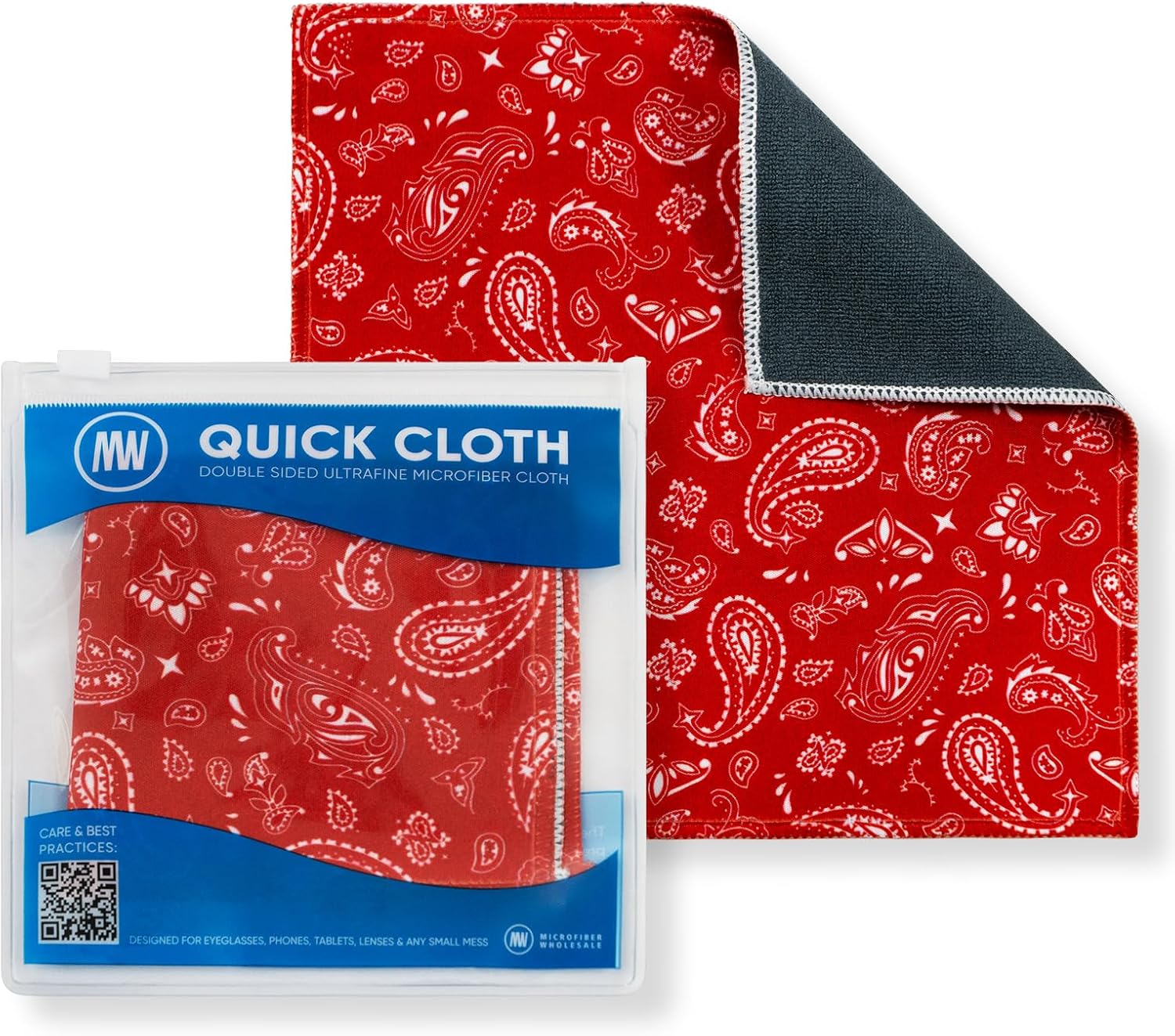 Quick Cloth Microfiber Glasses Cleaning Cloths – 8×8, Paisley Red, 1 Pack with Case | Double-Sided Lens Cleaner for Eyeglasses, Camera, Screens & Glass | Reusable Microfiber Glass Polishing Cloths