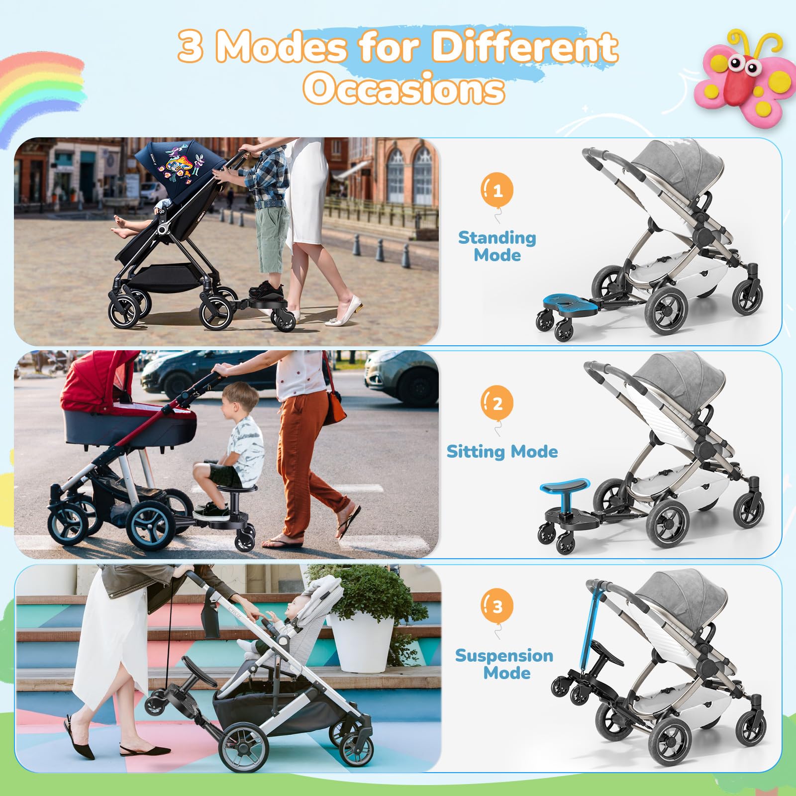 Buggy Board mit Größerem Sitz, Trittbrett für Kinderwagen Universal für Kinder von 2-6 Jahren(25KG), passt auf 99% aller Kinderwagen, einfache Installation, für Familien mit zwei Kindern