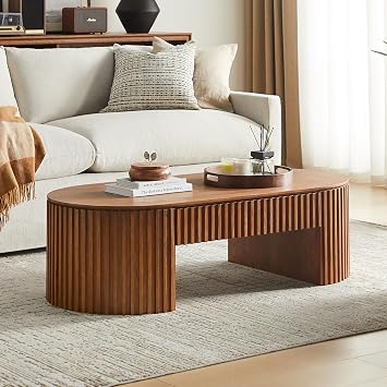 Oval Coffee Table, Wood Coffee Table with Drawer Storage, Fluted Accent Center Table Tea Table, 51.18'' Mid Century Modern Coffee Tables for Living Room, Bedroom, Apartment, Brown