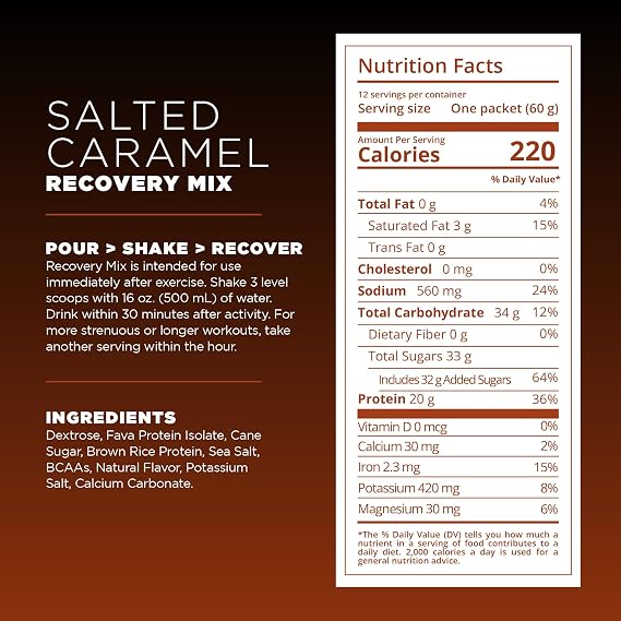 Tailwind Nutrition Recovery Mix, 20 Grams Complete Protein, Carbohydrates, and Electrolytes Powder Drink Mix for Post-Workout, Free of Gluten, Soy, and Dairy, Vegan, 12 Servings, Salted Caramel