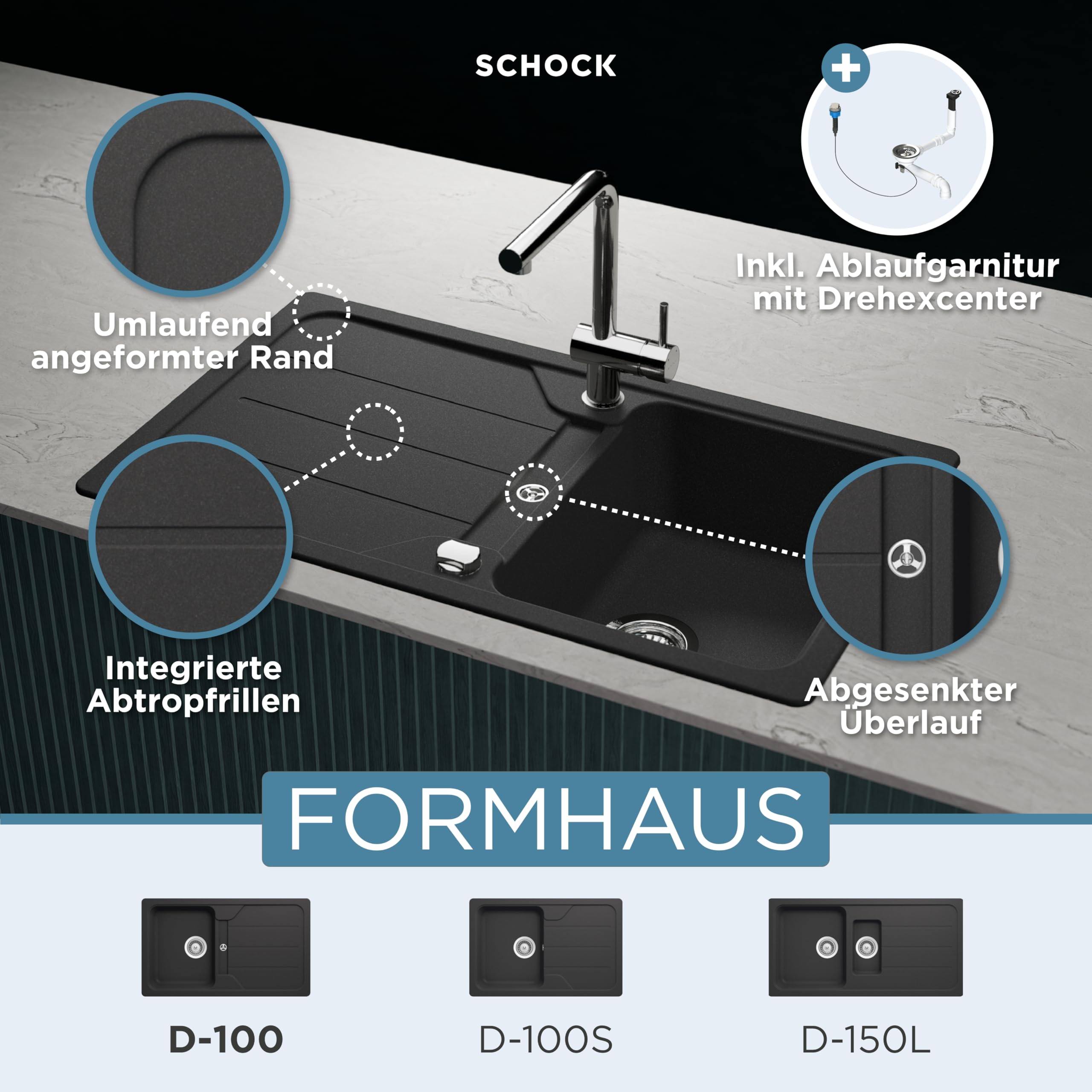 SCHOCK Küchenspüle Formhaus D-100 Onyx 86x50 cm | Granitspüle aus CRISTALITE Schwarz mit Abtropffläche | Spüle für 45 cm Unterschrank | Reversible Einbauspüle | Robuste Quarzkomposit-Oberfläche