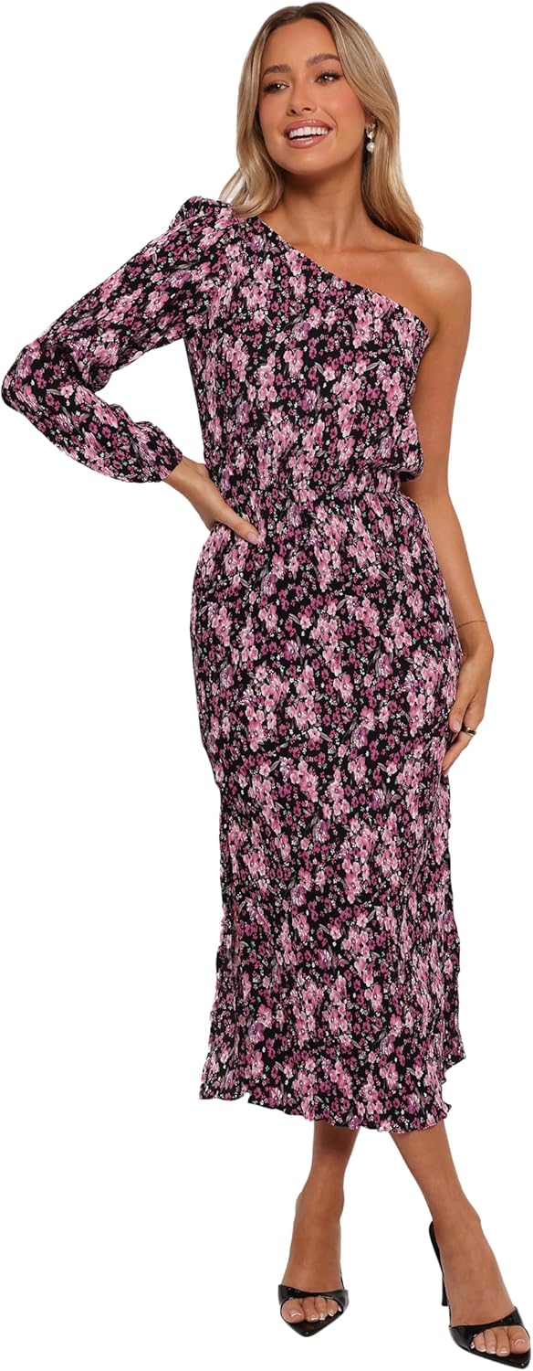 Petal & Pup Women's Pontee One Shoulder Pleated Midi Dress-Chocolate Brown