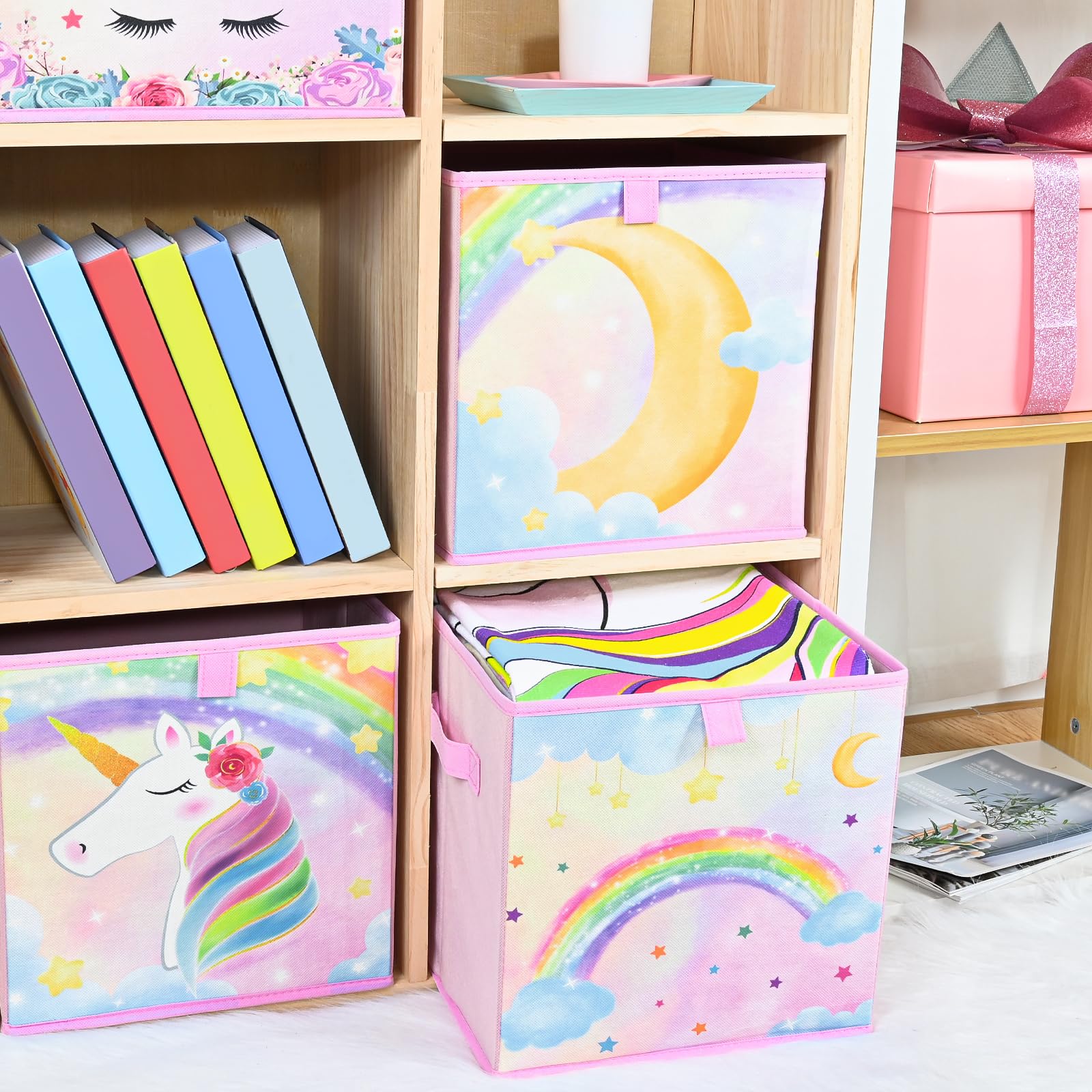 WERNNSAI Aufbewahrungsbox für kinder– 4er Pack Einhorn Faltbare Aufbewahrungswürfel aus Stoff und Mädchen 28cm Rosa Dekorative Aufbewahrungskörbe mit Griffen Schrank Kinderzimmer Schlafzimmer