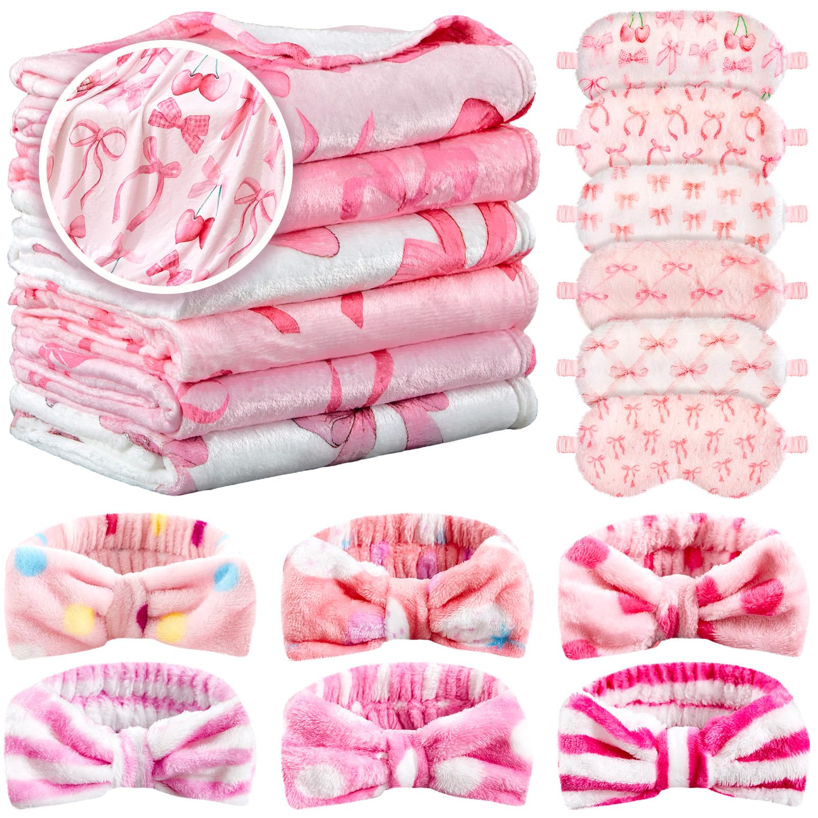 Fanfanwin 18 Pcs Sleepover Party Supplies for Girls, 6 Style Cute Pink Spotted Blanket 6 Coral Fleece Spa Headband 6 Plush Pink Eye Mask Cover for Slumber Sleepover Spa Party Gift