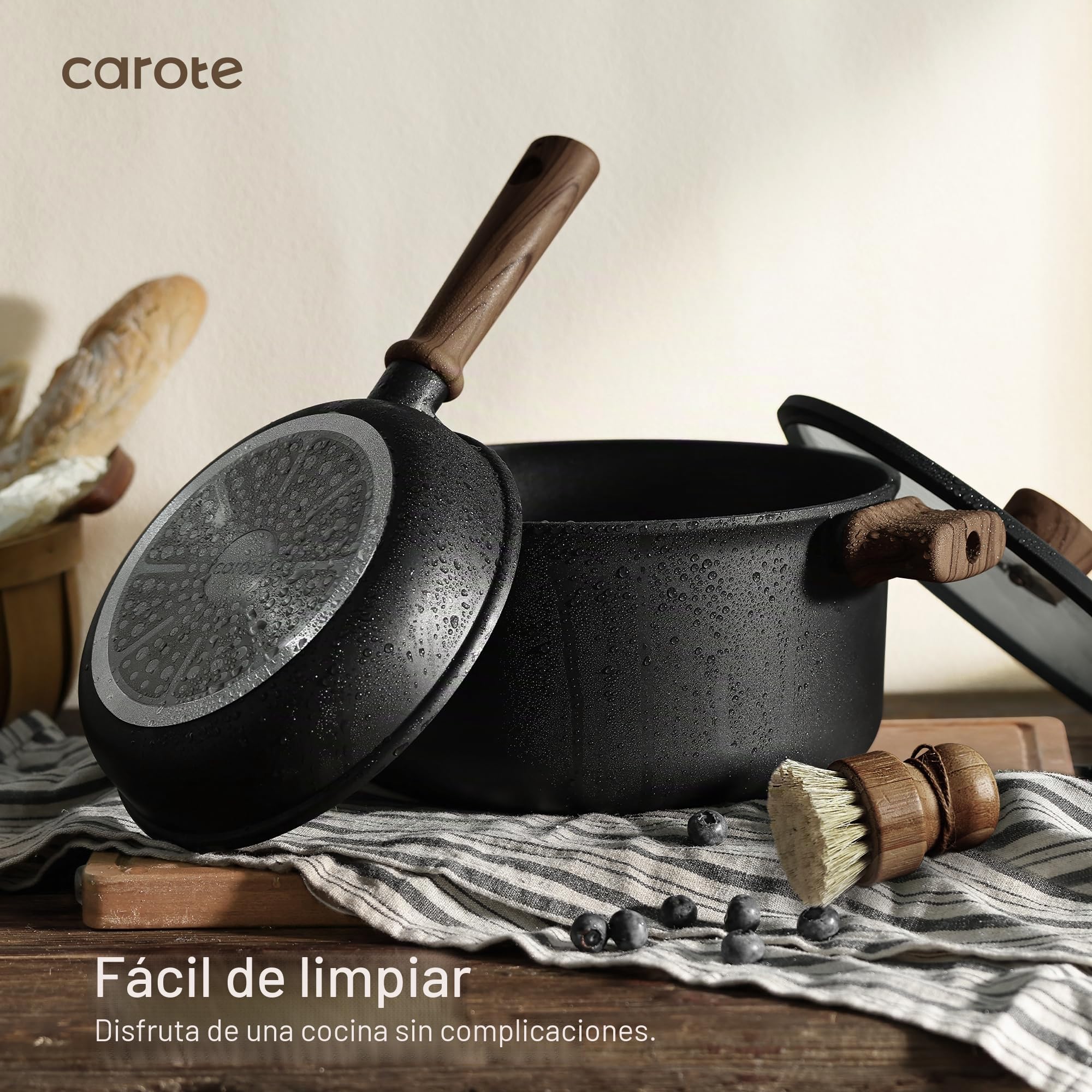 CAROTE Juego de ollas y sartenes antiadherentes, utensilios de cocina de titanio de inducción, 16 piezas, ollas y sartenes antiadherentes con sartén (PFOS, libre de PFOA)