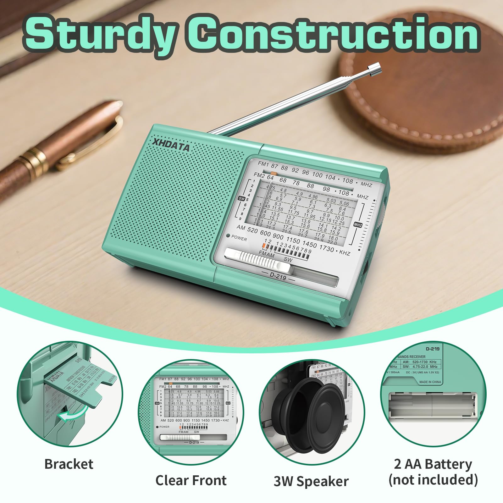 XHDATA D219 Radios Portable Am Fm with Strong Reception Compact Design, Small Battery Operated Transistor Radio(AA) Clear Sound Speaker Earphone Jack Ideal Gifts for Elder, Family, Outdoor, Green