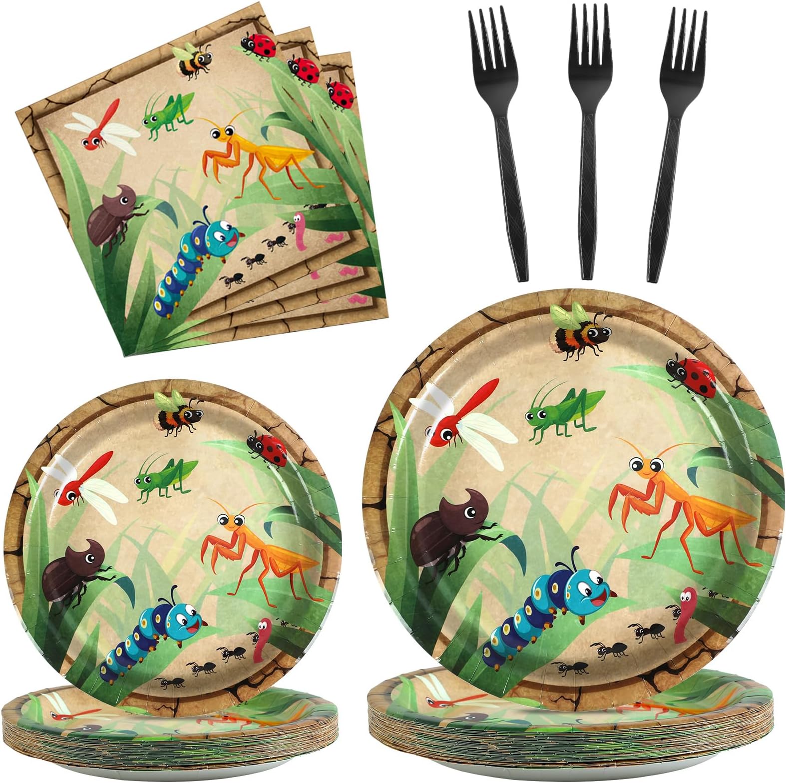 Qyeahkj 100 Pcs Bug Party Plates Napkins Supplies, Spring Summer Ladybugs Bee Reptile Birthday Party Tableware Set Insect Birthday Party Decorations Favors for Boys Girls Serve 25