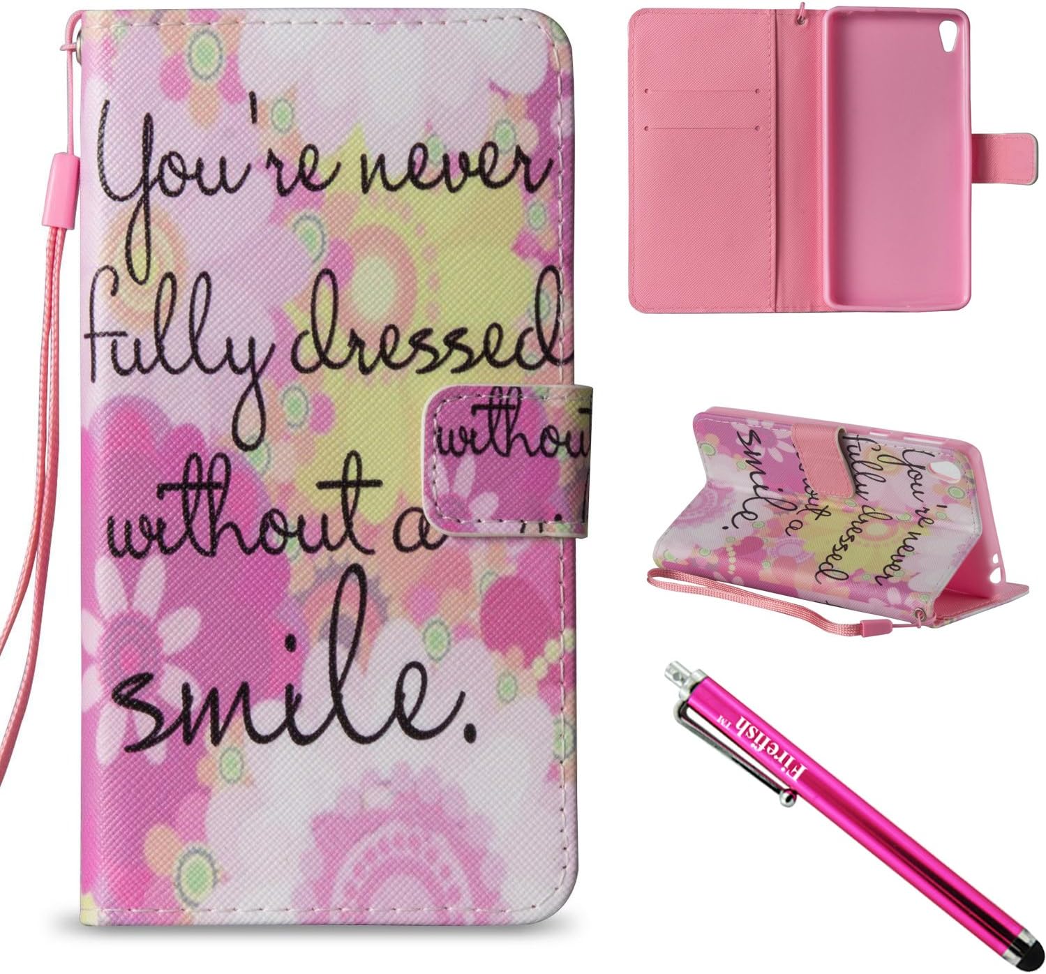 Xperia E5 Case, FIREF1SH [Kickstand] Flip Folio Wallet Cover Shock Resistance Protective Shell with Cards Slots Magnetic Closure for Sony Xperia E5-Smile