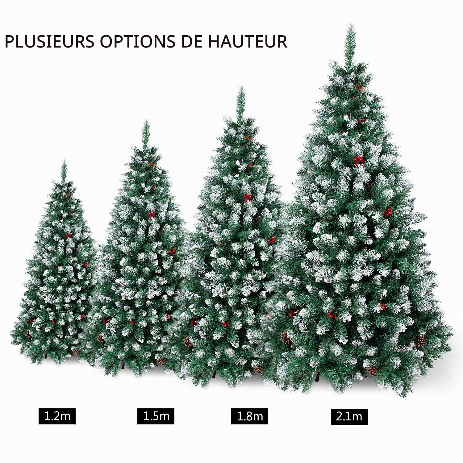 Arbre de Noël Artificiel Sapin Artificiel avec Décoration Pommes de Pins et Fruits Rouges, Support en Métal, Hauteur de 120cm à 210cm (180cm)