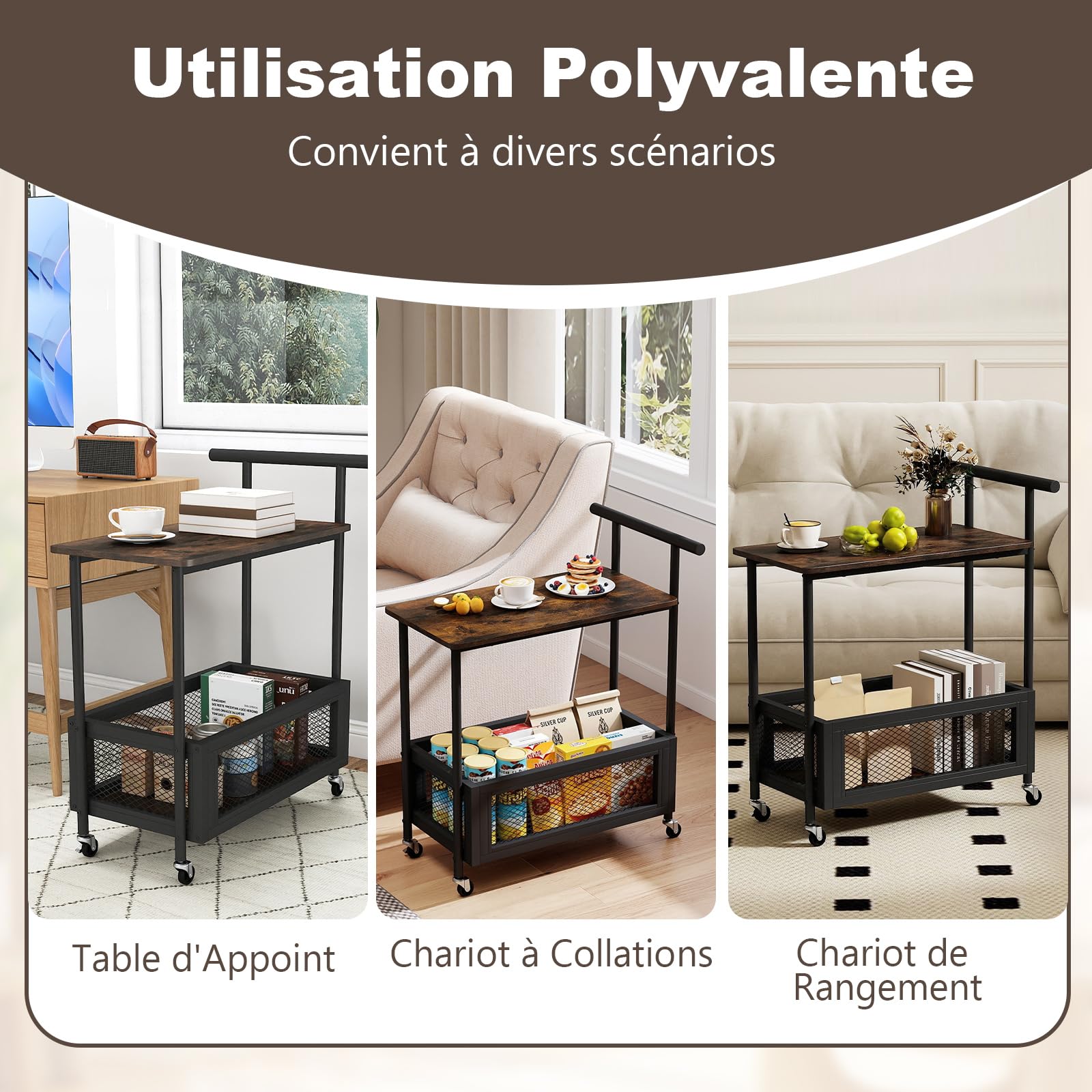 COSTWAY Chariot de Service en Métal avec Plateau en Bois, Desserte de Cuisine sur roulettes avec Rangement, Panier en Maille, Style Industriel pour Cuisine, Salon