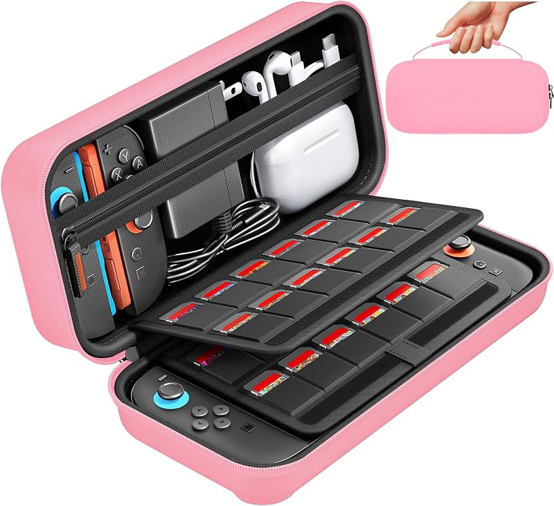 daydayup Switch Funda de transporte compatible con Nintendo Switch 2, con 24 cartuchos de juegos Funda protectora de viaje de carcasa dura Funda DS rosa