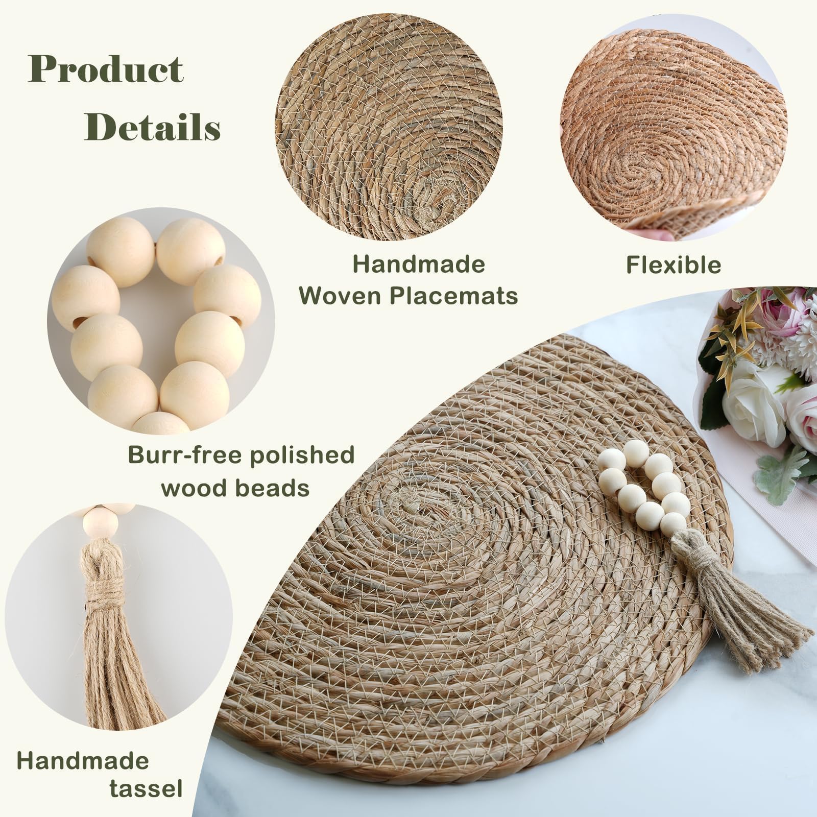 Runde Tischsets aus natürlicher Wasserhyazinthe, gewebte Rattan-Tischsets mit Holzperlen, Serviettenringe, 33 cm Durchmesser, 6-teiliges Esstisch-Dekor