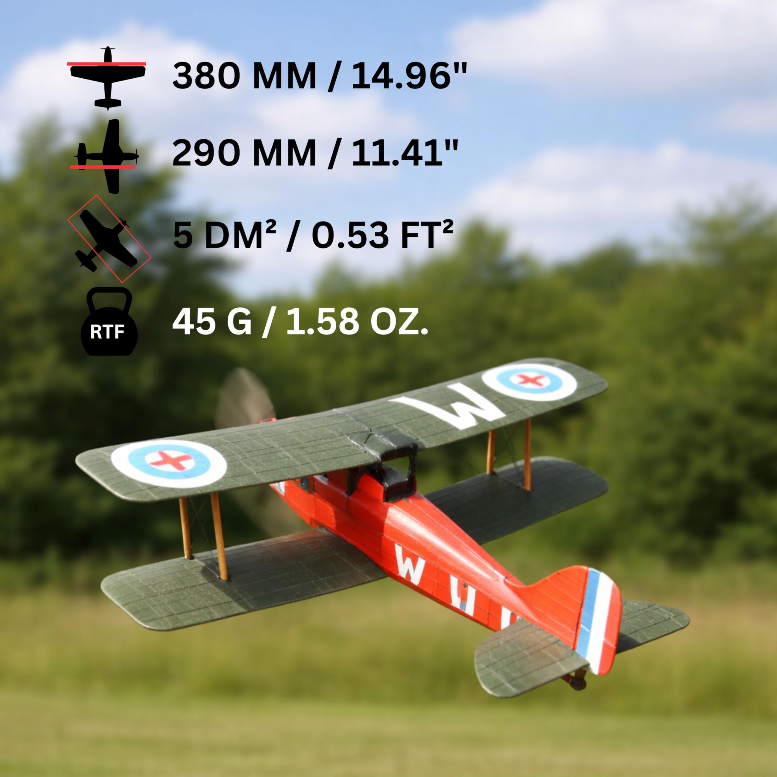 RAF SE5A Slow Flyer Modellflugzeug Kit, Maßstab 1:20, 380 mm Spannweite, RC Flugzeugmodell Baukasten, Modell Flugzeug zum selbst Bauen, gelaserte Balsa Holz Bauteile, 380 x 290 x 135 mm, 45 g RTF