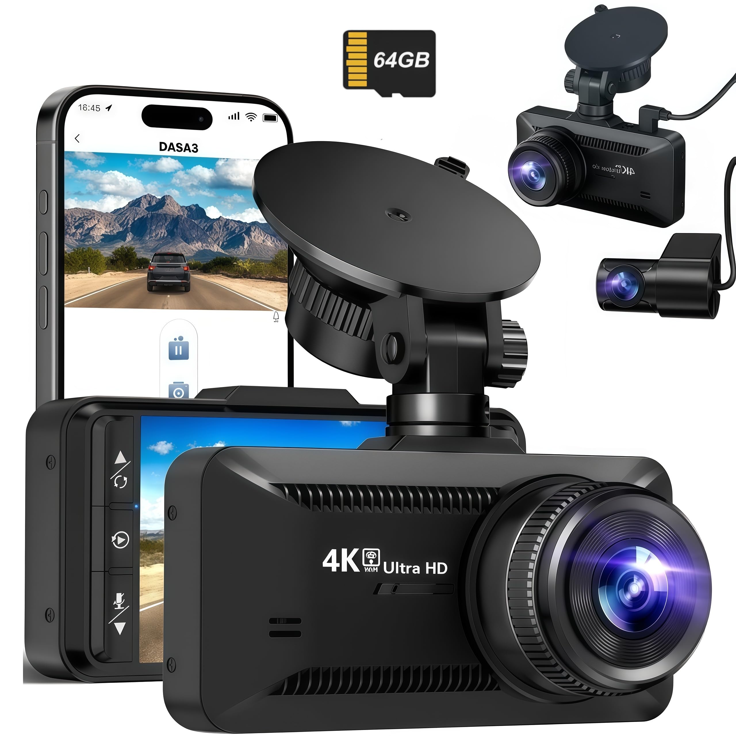 Dashcam Autokamera Set Vorne Hinten Nachtsicht WDR Technologie Bewegungserkennung Parkmodus Unfallaufzeichnung LKW (Dashcam + 64 GB)