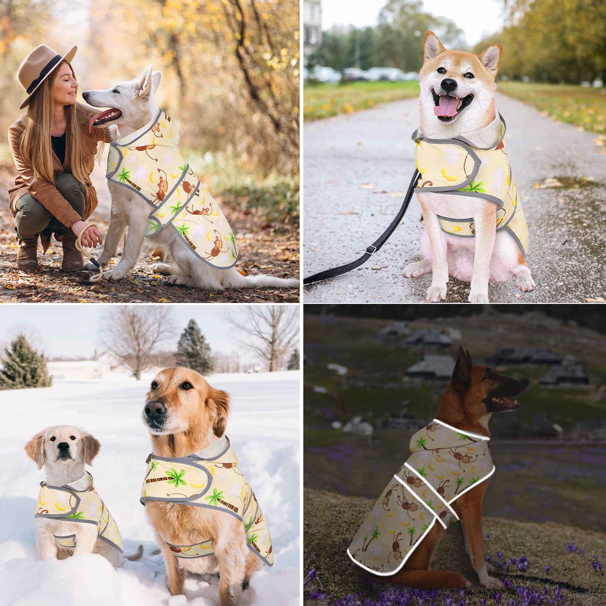 Chubasquero para Perros medianos, Impermeable, con Capucha, Tiras Reflectantes, Agujero para Correa y Poncho, Ajuste Ajustable (Mono, L)