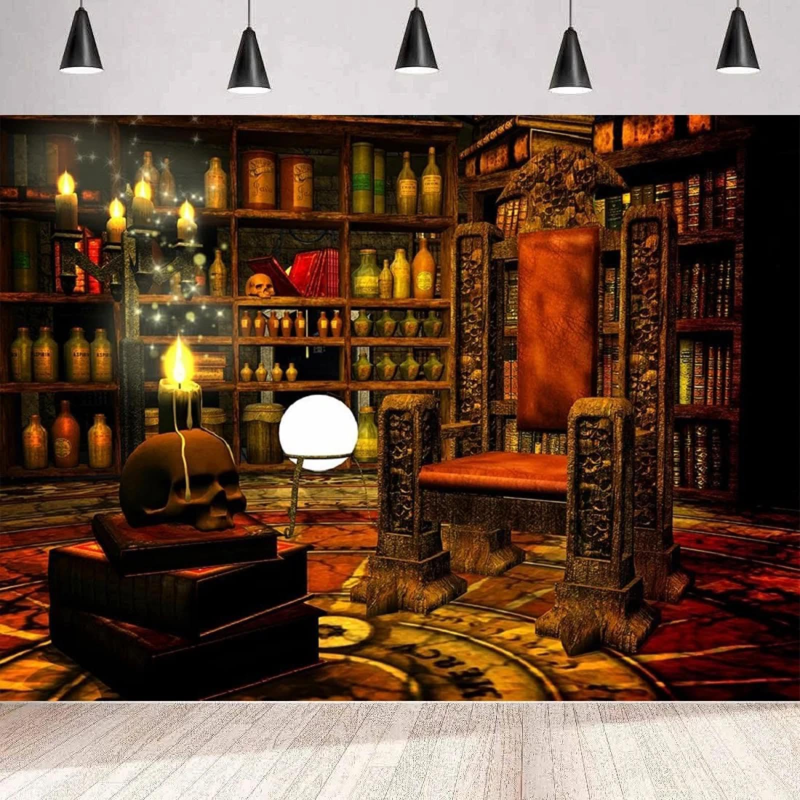 Magiczny czarodziej pokój do nauki fotografia tło starożytna biblioteka półka na książki eliksir tron czaszka świece elfy tło