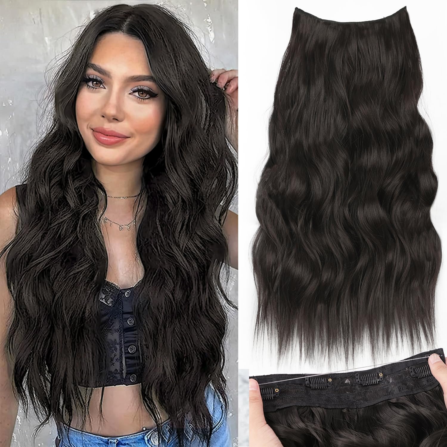 OBABOInvisible Wire Hair Extensions with Transparent Headband Adjustable Size 4 Secure Clips Long Wavy Secret Wire Hairpiece 20 Inch for Women (Natural Black)