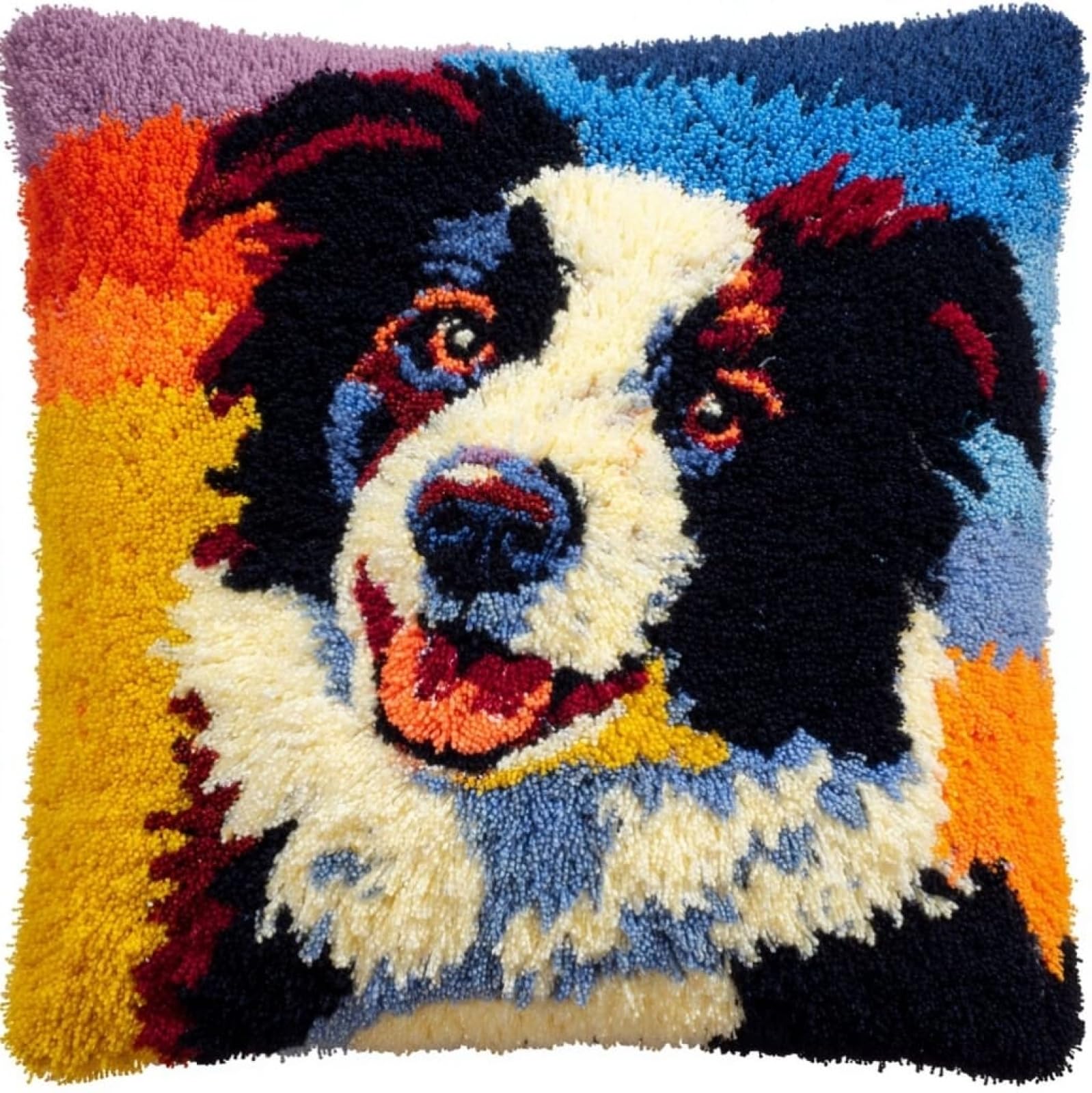 AxiangziK Latch Hook Pillow Kit for Beginners,Border Collie Animal Dog 43x43cm DIY Cushion Cover Making Kit,Complete Craft Set for Home Sofa Bedroom Decor Gifts