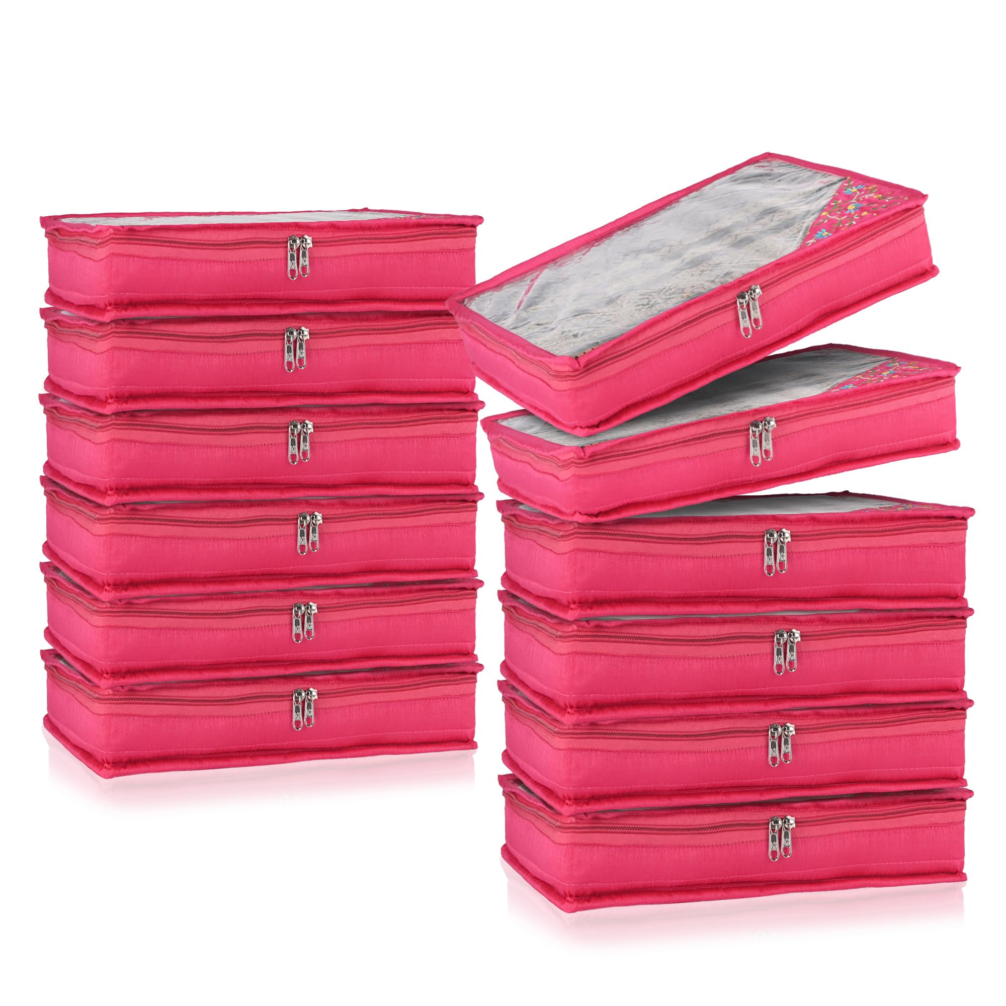 Kuber Industries Satin Saree Cover,Clothes Storage Bag,Suit Packing Cover,Cloth Stoarge Organizer,Wardrobe Cloth Storage Organiser with Zip,Side Embroidery-Design,3 Inch,Pack of 12,Pink