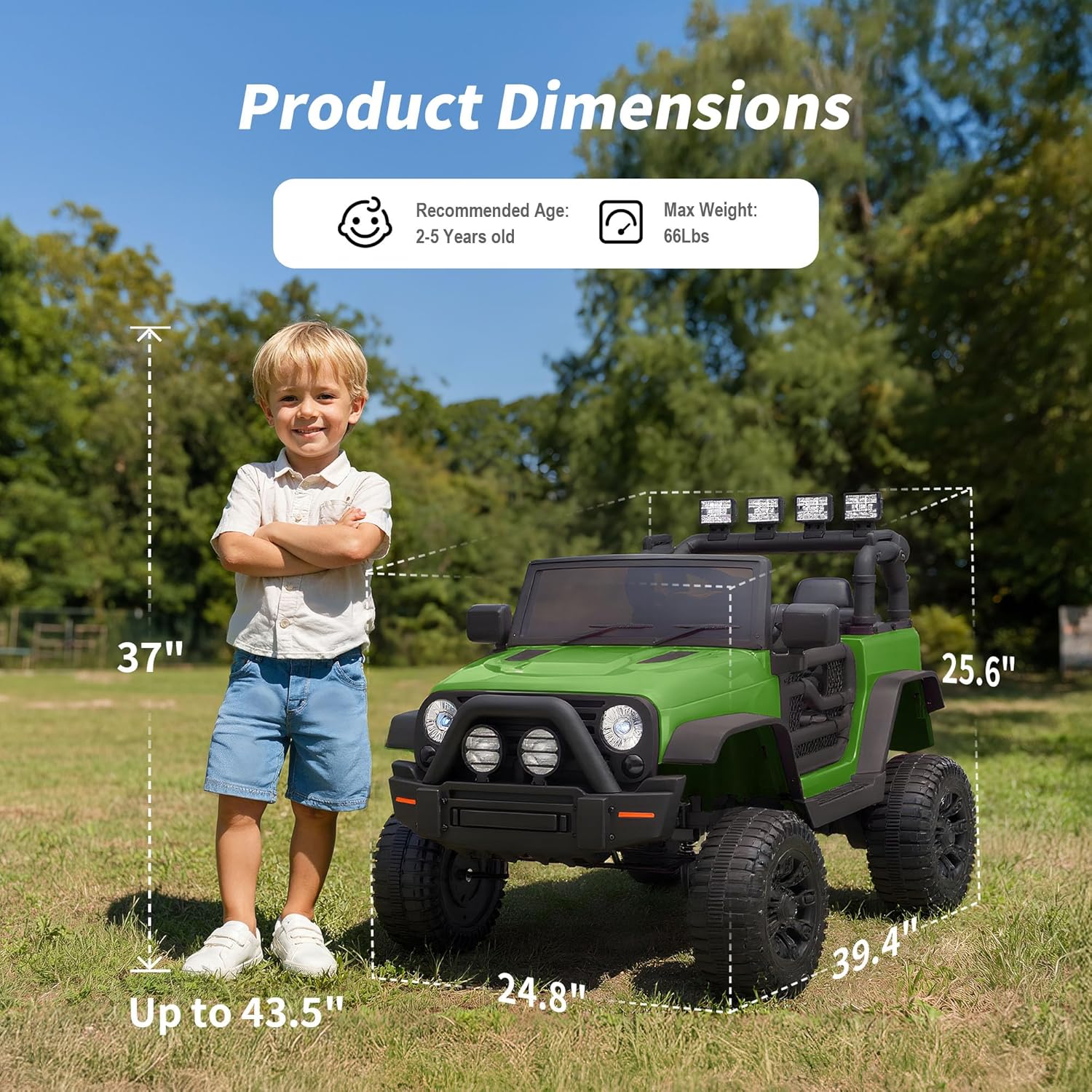 Product dimensions showing a child next to the car with measurements: 39.4 x 24.8 x 25.6 inches, recommended age 2-5 years, max weight 66lbs
