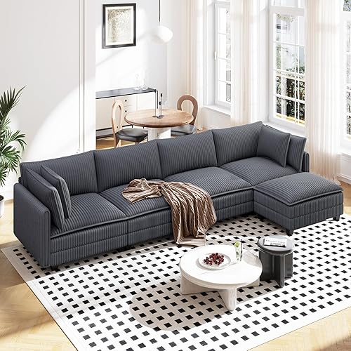 Vesgantti Sectional Sofa, Comfy Corduroy Couches for Living Room, Modern Couch with Ottoman, Grey