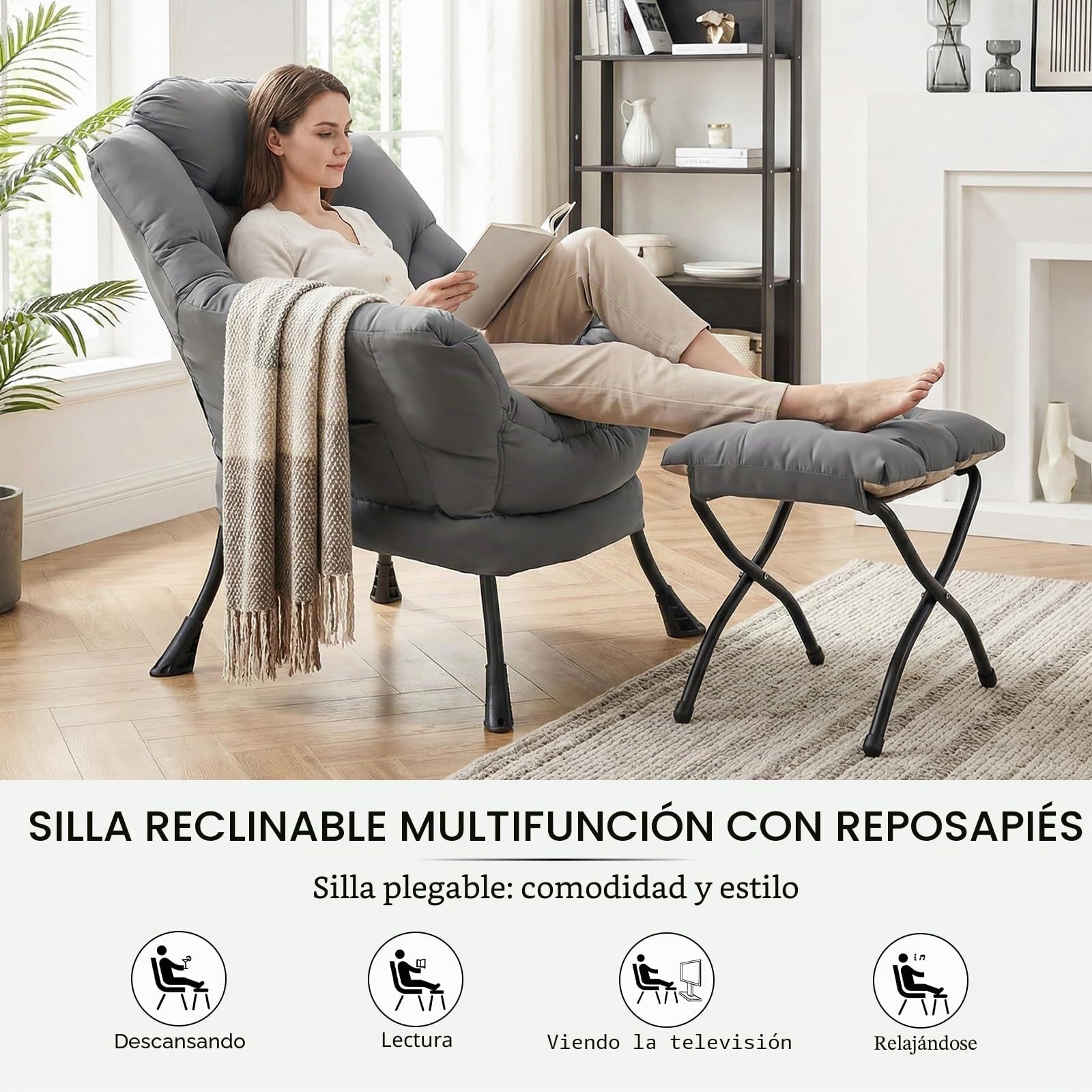 Clevich Sillón de Orejas con Taburete, Silla Lazy Chair con Bolsillo Lateral y reposapiés, sillón de Lectura para salón, Dormitorio y Oficina, Gris Oscuro