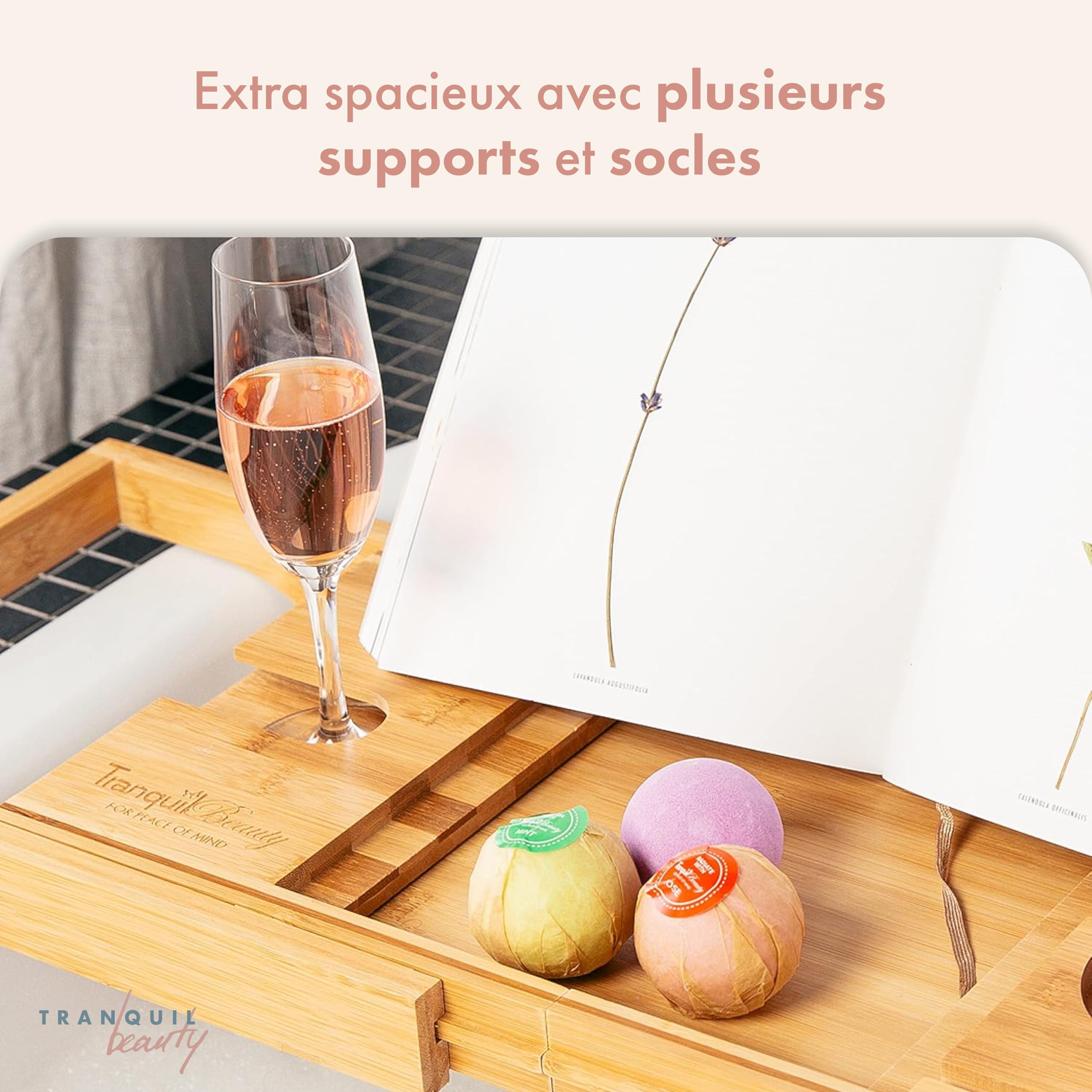 TranquilBeauty Panier de Bain Extensible | Plateau de Bain réglable avec Porte-vin en Bambou Naturel Durable | Planche de Bain en Bois de Luxe avec Support pour iPad, Tablette et téléphone