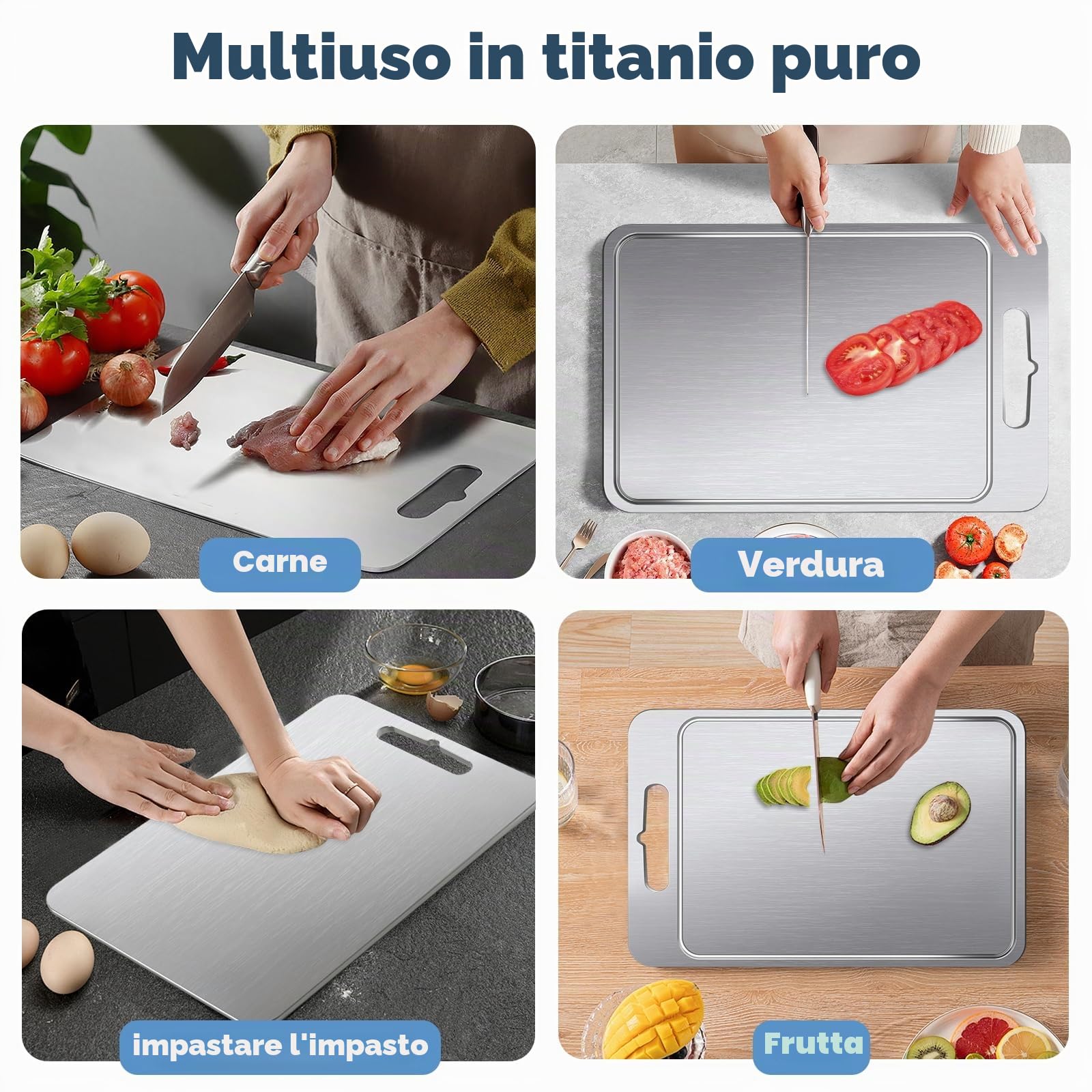 Tagliere in titanio, 40 x 28 cm, 100% puro titanio, per carne, frutta e verdura, lavabile in lavastoviglie, con scanalature per succhi