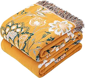 Boho Large Throw Blanket, 100% Organic Cotton Breathable Soft Bed Throw - Floral Bird Farmhouse Decor Blanket for Sofa Couch Chair Quilt and Gift. (Flower-Art, 80" x 90")