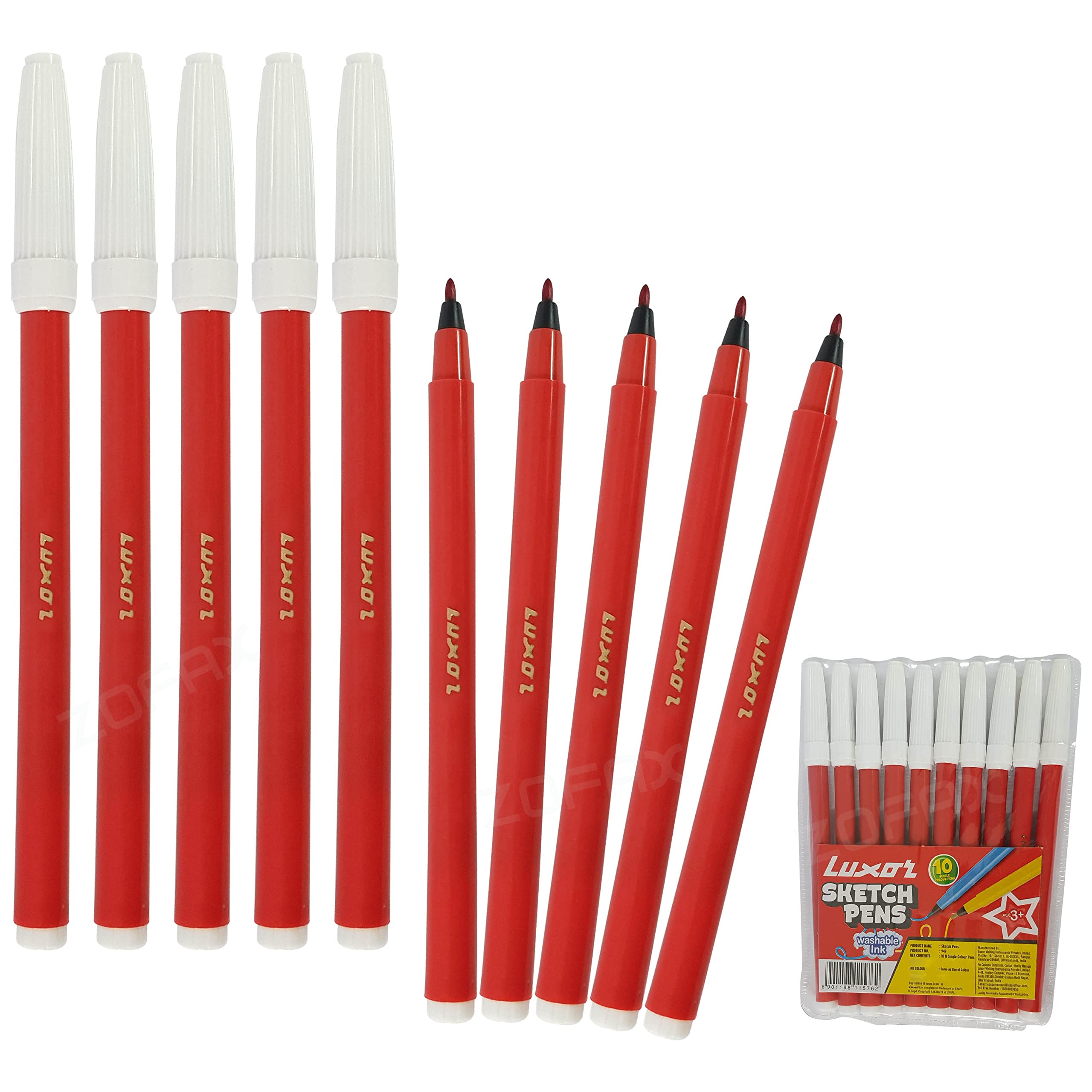 Marca Felt Tip Colouring Pens, RED, Pack of 10, Fine Point, Write Draw Mark Sketch Pens, Prefect for School Office Home Use, iZOFAX Black Ball Pen