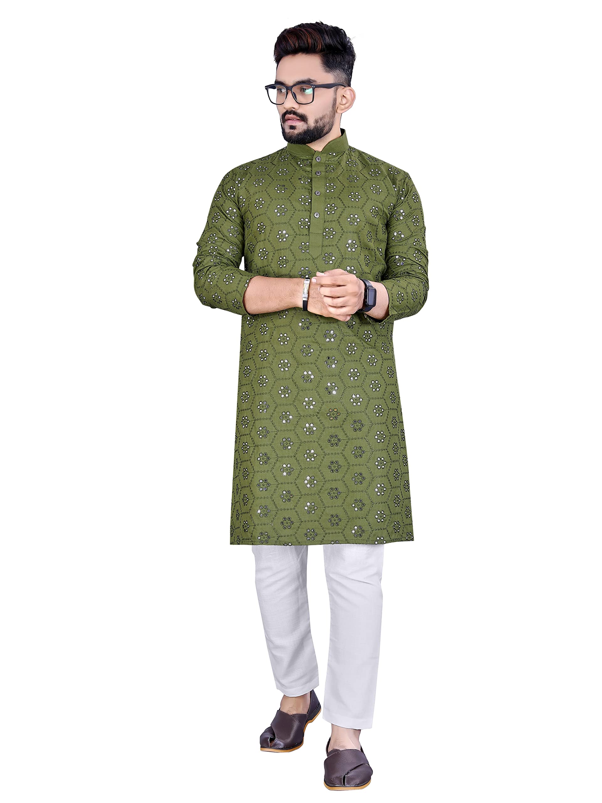Men's Embroidered Mirror Work Kurta With Pyjama Set (XXL, Mehandi Green)-picture-55
