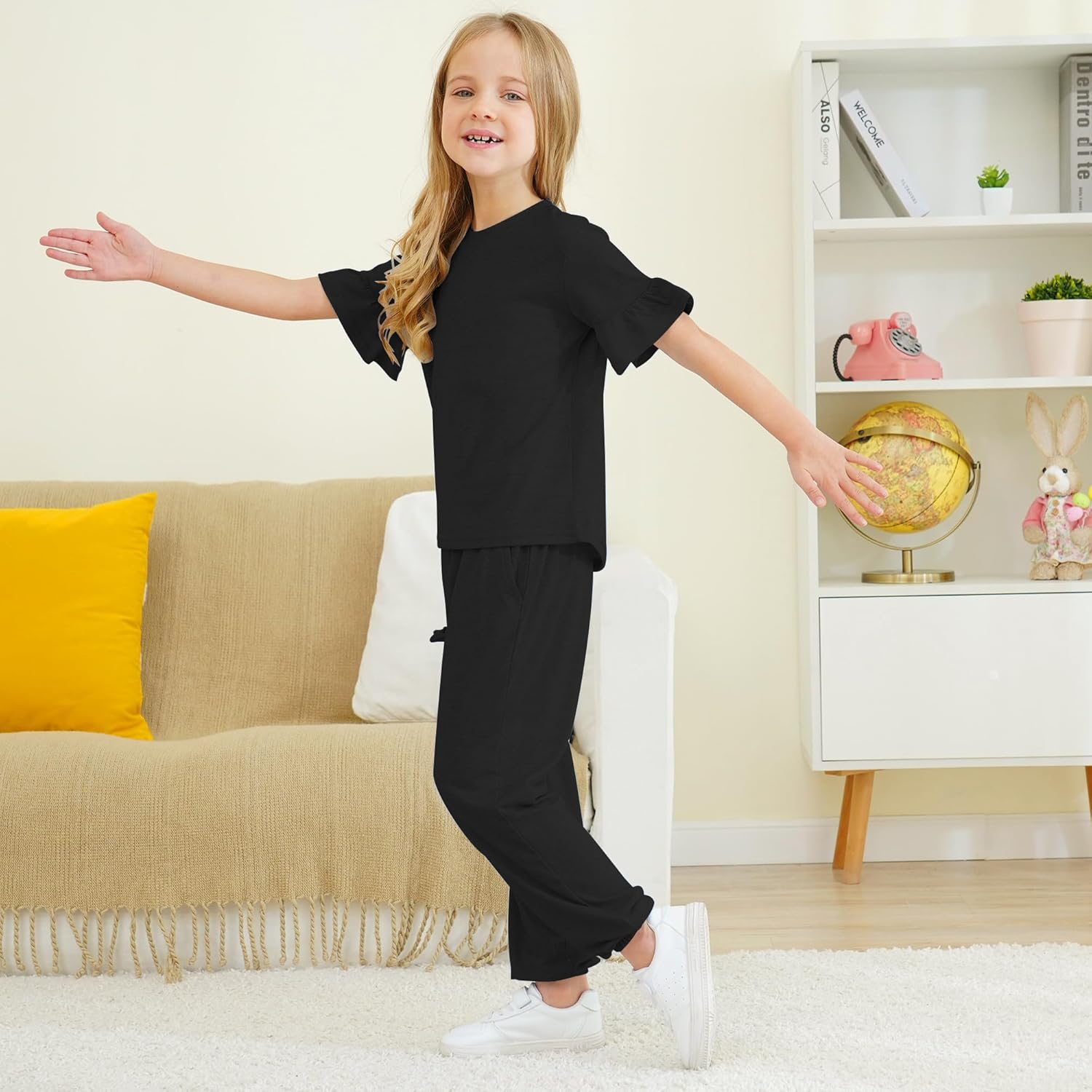 Jimonda Kids Girls Outfits Ruffle Sleeve T-Shirt and Pants Set with Side Pockets Clothing Set 2 Piece 4-13 Years Old - Image 3
