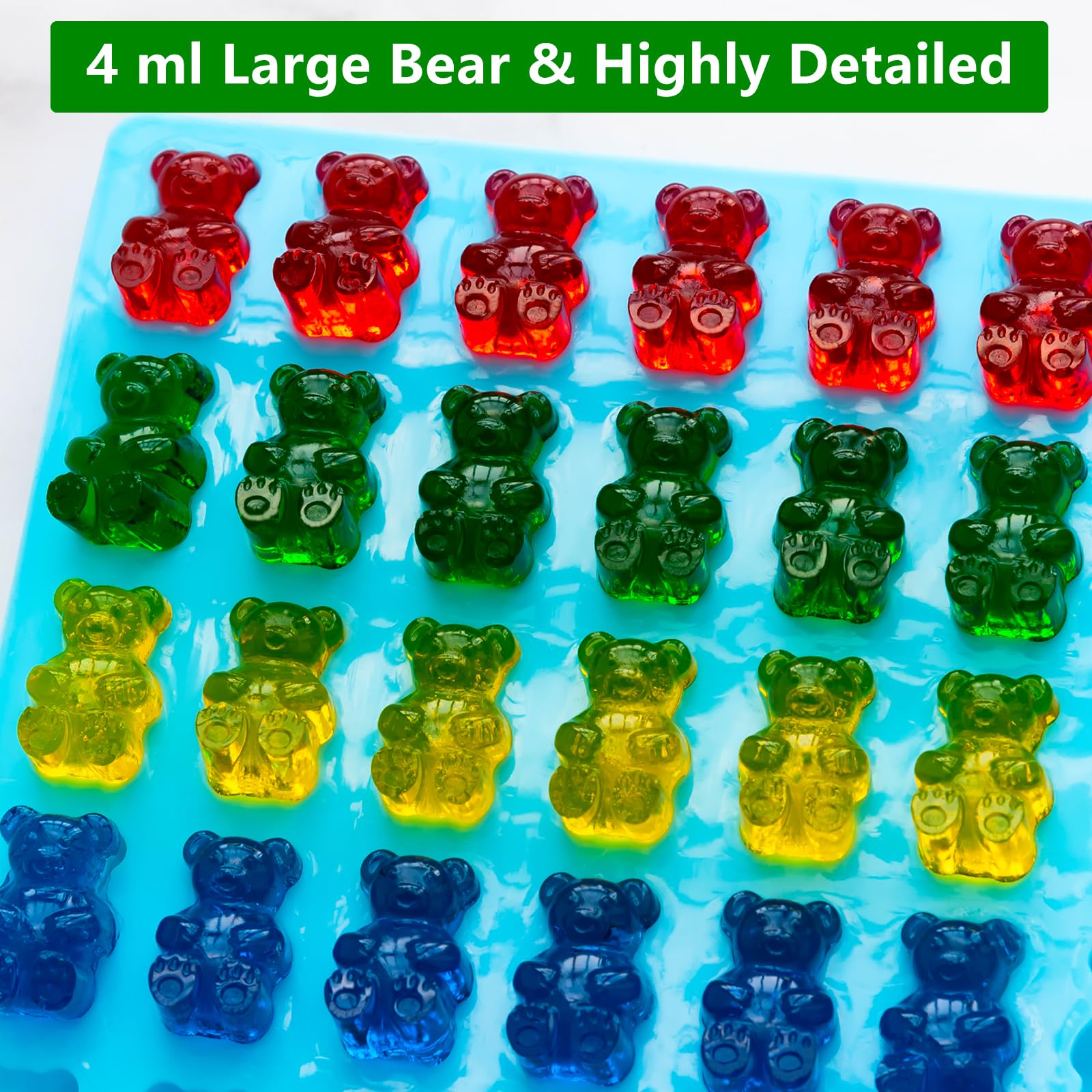 Molde grande de silicona para gomitas de oso y gusano, moldes de gomitas de caramelo para niños, moldes de chocolate antiadherentes, sin BPA, con 2 cuentagotas y 1 cepillo de limpieza, juego de 4