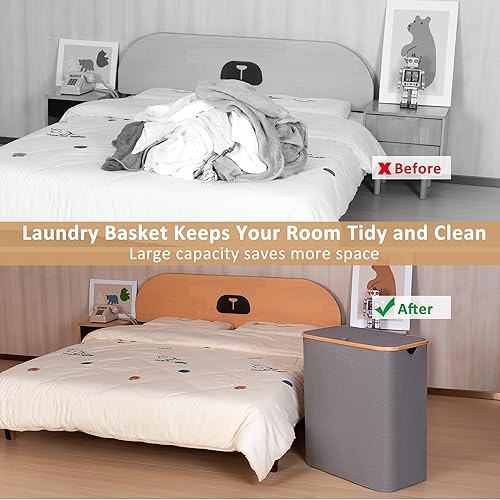 Miniatura 5 de Cesta de lavandería de 39.6 galones con tapa, grande, para la ropa sucia, con asas de bambú, cestas grises para lavandería, con 2 bolsas interiores